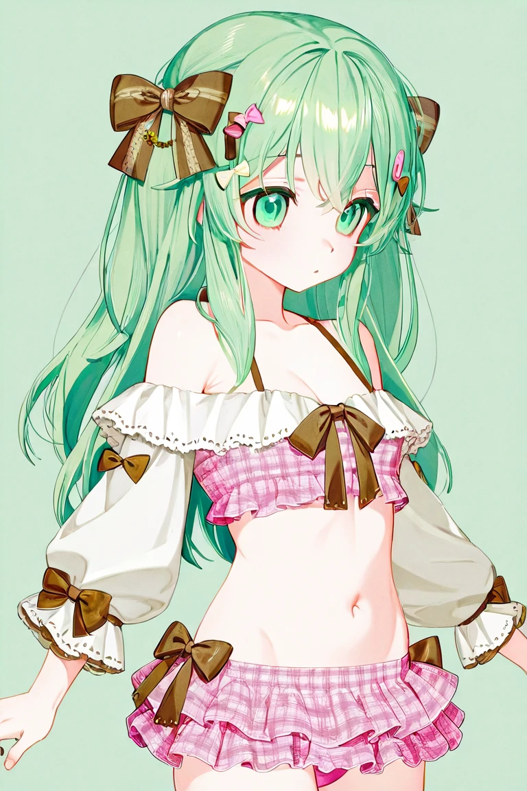 Summer vacation,(8-year-old girl:1.2),Akihabara Maid Clothing,mini skirt,Green Hair Anime Girl,(Twin tails:1.1),Small breasts
