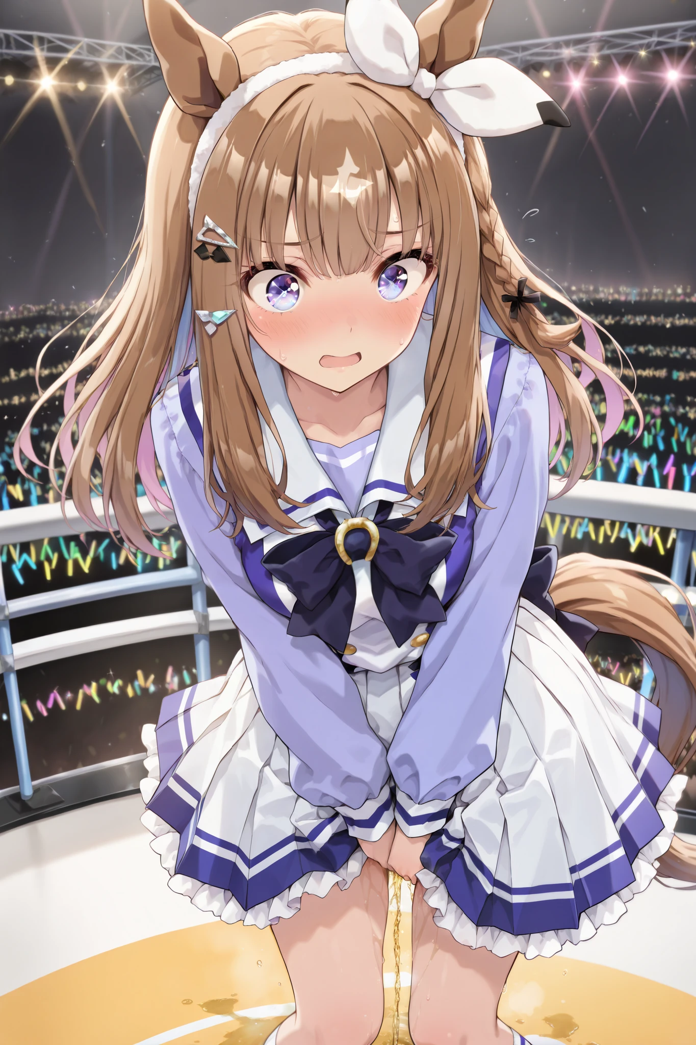score 9, score 8 up, score 7 up, ultra-detailed, (best quality, masterpiece, ultra detailed, ultra high res, absurdres, high-resolution, highest quality, very aesthetic, textile shading), source anime, (detailed eyes), (detailed face), uncensored, nsfw, BREAK, 1girl, solo, simple background, grey background, (suien), (almond eye /(umamusume/)), flustered, blush, embarrassed, peeing self, pee, peeing, white panties, clothing, crowd, glowstick, penlight /(glowstick/), stage, stage lights, open mouth, hand between legs, standing, skirt, idol,