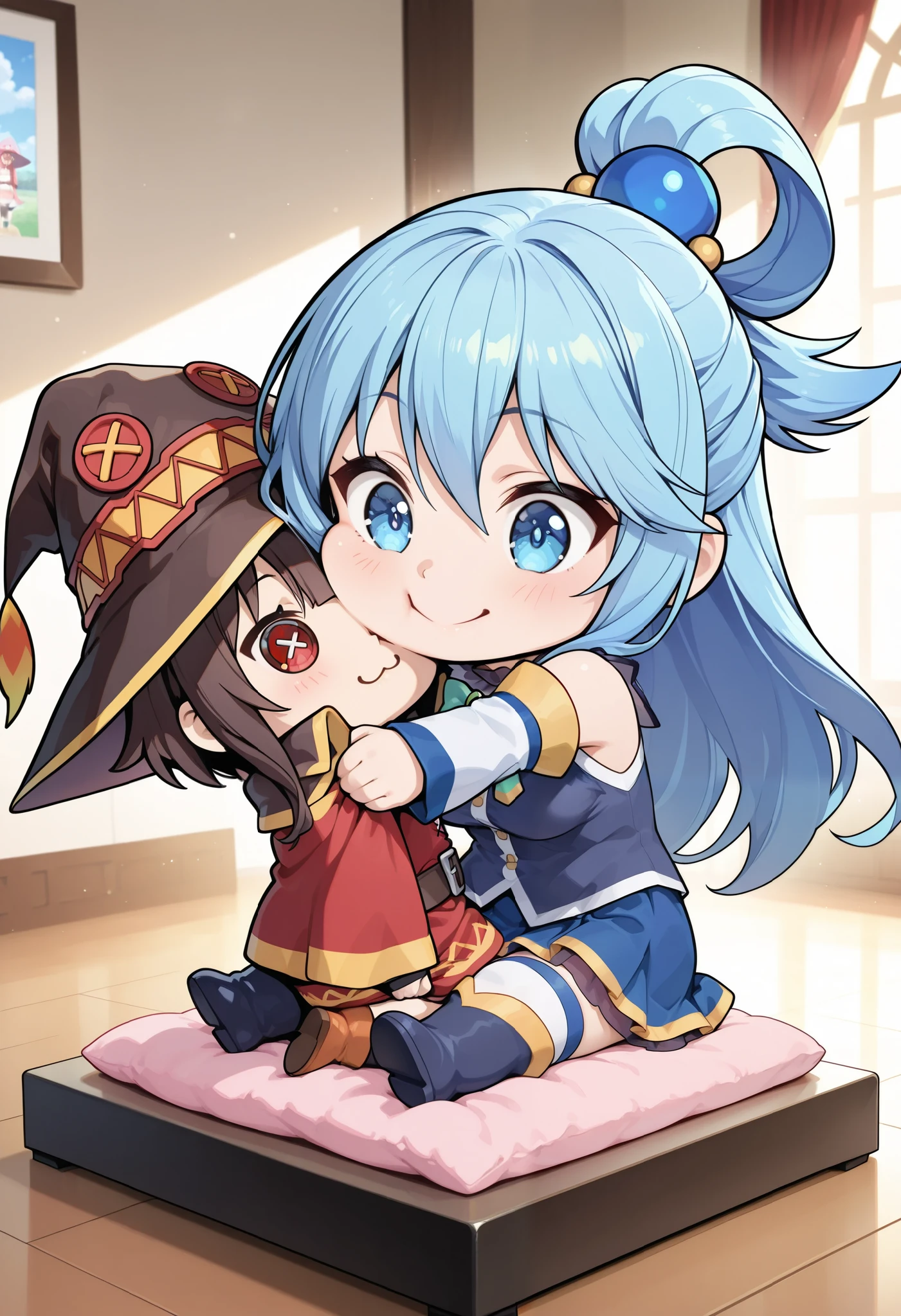 aqua \(KONOSUBA\), kono subarashii sekai ni shukufuku wo!, Plush Figure, chibi, Soft cloth texture:1.2, fluffy surface, felt-like material, cute and cuddly aesthetic feeling, Soft, Damn, Soft, sit, small button eyes, Tabletop Display, BREAK megumin \(KONOSUBA\), kono subarashii sekai ni shukufuku wo!, 1 Female, A woman holding a stuffed animal, (top quality, very detailed, CG illustration, masterpiece:1.2, Aesthetics at its best),