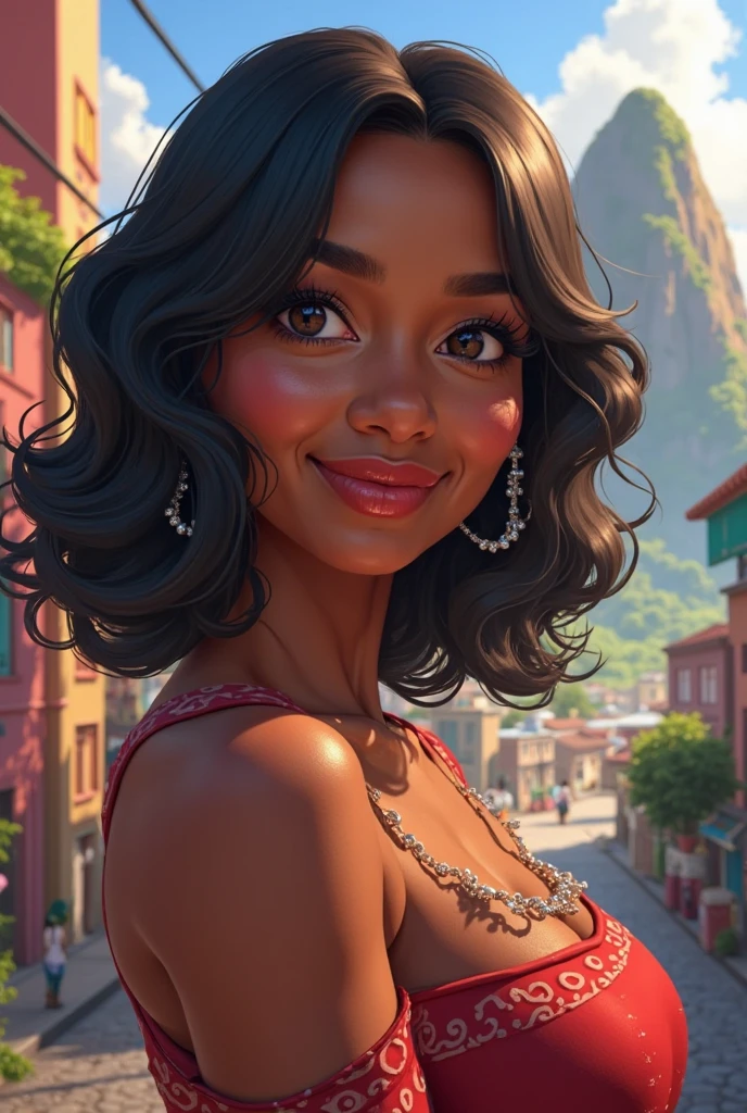 a flat illustration,a girl,cute,zoe saldana,crazy smile,brown eyes, wearing an anime collar, a long necklace and earrings, in the style of tranquil gardenscapes, colorful animation stills,Art Frahm