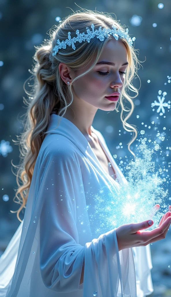 a beautiful woman，Headband crown， wearing a white robe ，Ice magic in your hands
