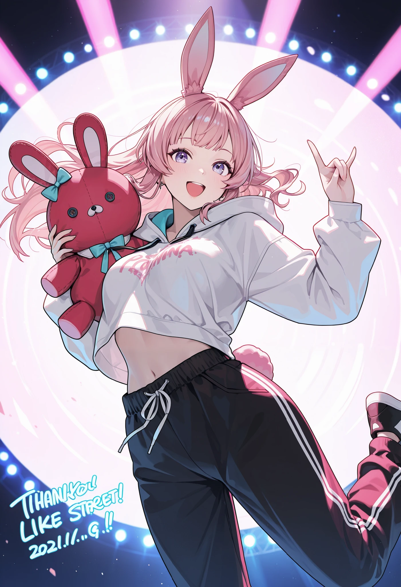 1 woman, \Character "Atlas"\, with plush toy, Alone, the plush toy is a cute rabbit,
\Atlas\ is wearing simple (Hooded parka,\not bunny ears:1.2)\, and she's wearing loose sweatpants, pop street casual,
BREAK She walks like she's dancing, very happy, Blessed by her many friends, thank you,
wonderful realism,4K resolution,natural details,Realistic Illustrations by Experts,intense pop colors,Attractive lighting,dynamic composition,FUNNY ATMOSPHERE, Comprehensive balance adjustments, top quality,