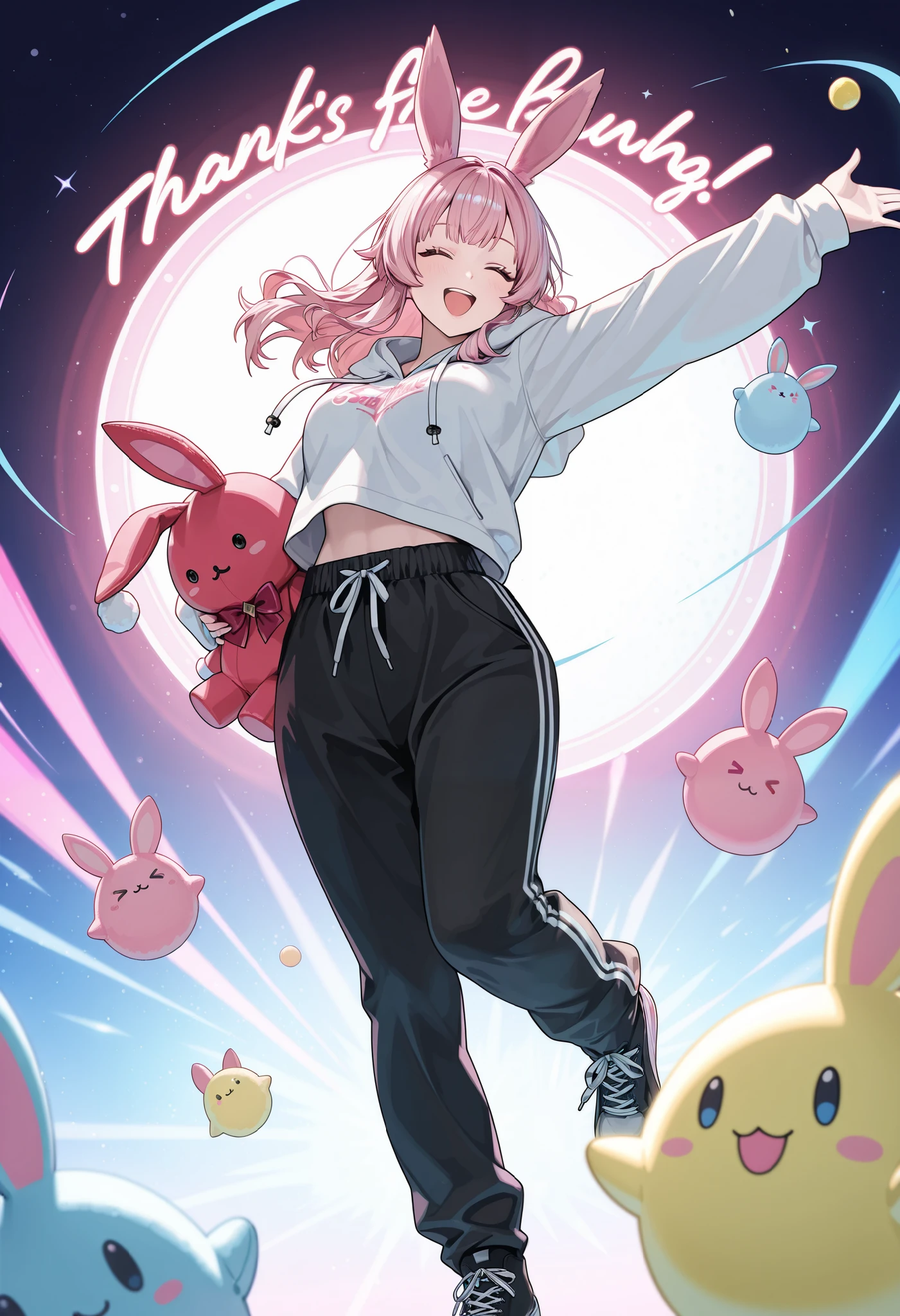 1 woman, \Character "Atlas"\, with plush toy, Alone, the plush toy is a cute rabbit,
\Atlas\ is wearing simple (Hooded parka,\not bunny ears:1.2)\, and she's wearing loose sweatpants, pop street casual,
BREAK She walks like she's dancing, very happy, Blessed by her many friends, thank you,
wonderful realism,4K resolution,natural details,Realistic Illustrations by Experts,intense pop colors,Attractive lighting,dynamic composition,FUNNY ATMOSPHERE, Comprehensive balance adjustments, top quality,