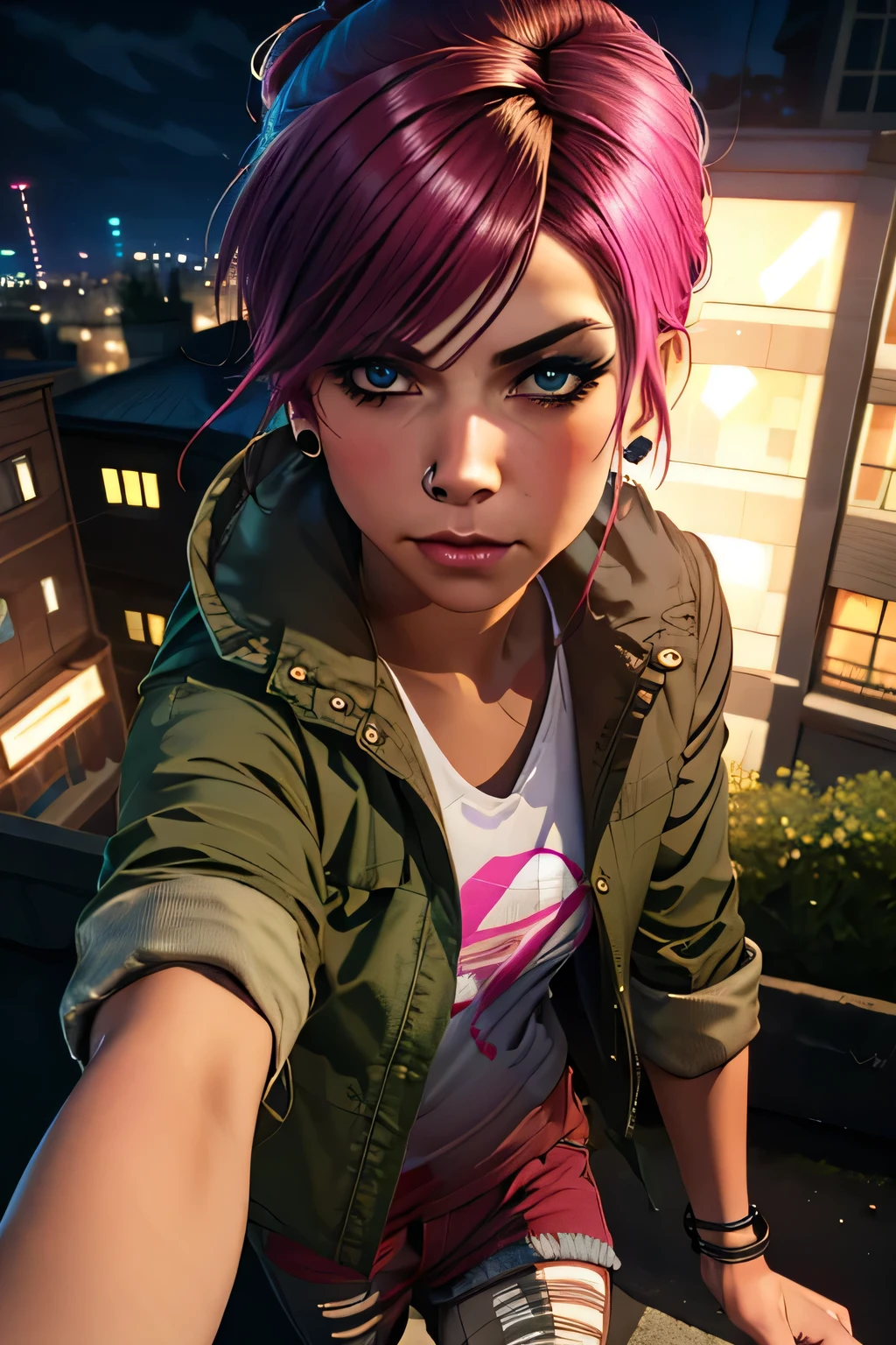 fetchxl, multicolored hair,pink hair, blue eyes, green jacket,white shirt with logo,shorts,