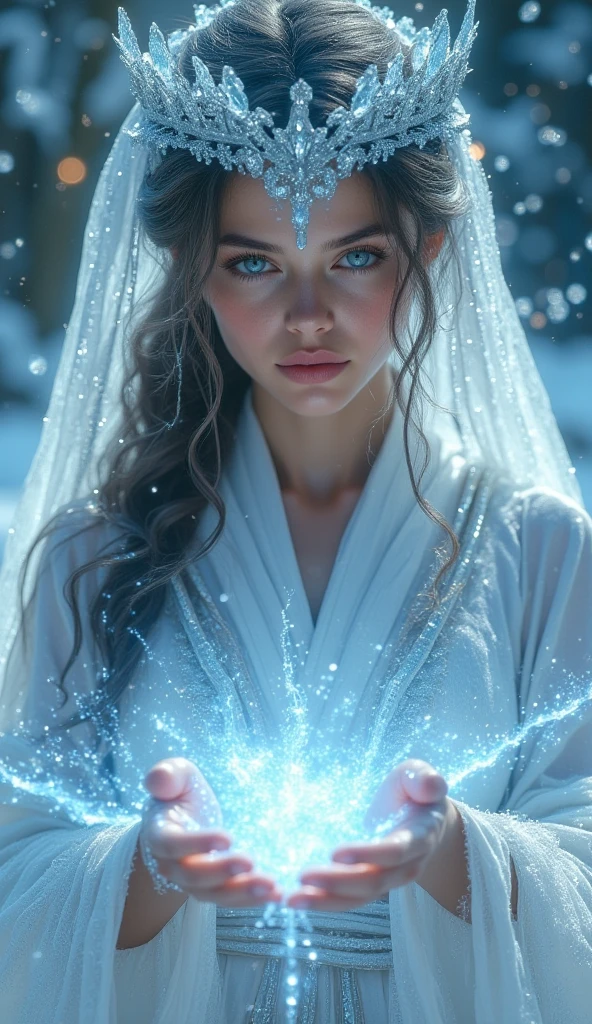 a beautiful woman, headband crown, wearing a white robe, ice magic in your hands, photorealistic, ultra detailed, 8k, highly detailed facial features, elegant pose, ethereal expression, icy wisps emanating from hands, intricate headpiece ornate, flowing white robes, snowy winter landscape, aurora borealis sky, fantasy, cinematic lighting, concept art style, digital painting