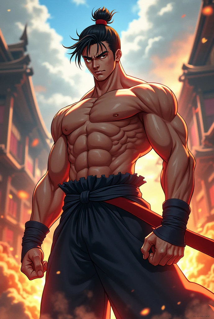 Highest image quality, masterpiece, super high resolution, (reality 1.4), raw photo, male, Miyamoto Musashi, muscular, strong build, stern expression, brown body, holding two swords and swinging them down at the opponent, background with a burning temple behind the dark character, solo, Japanese armor, black hair, white skin, red tattoos on both cheeks, dark background with blue-white light in the background, deep shadows, low key, cold light 12000K