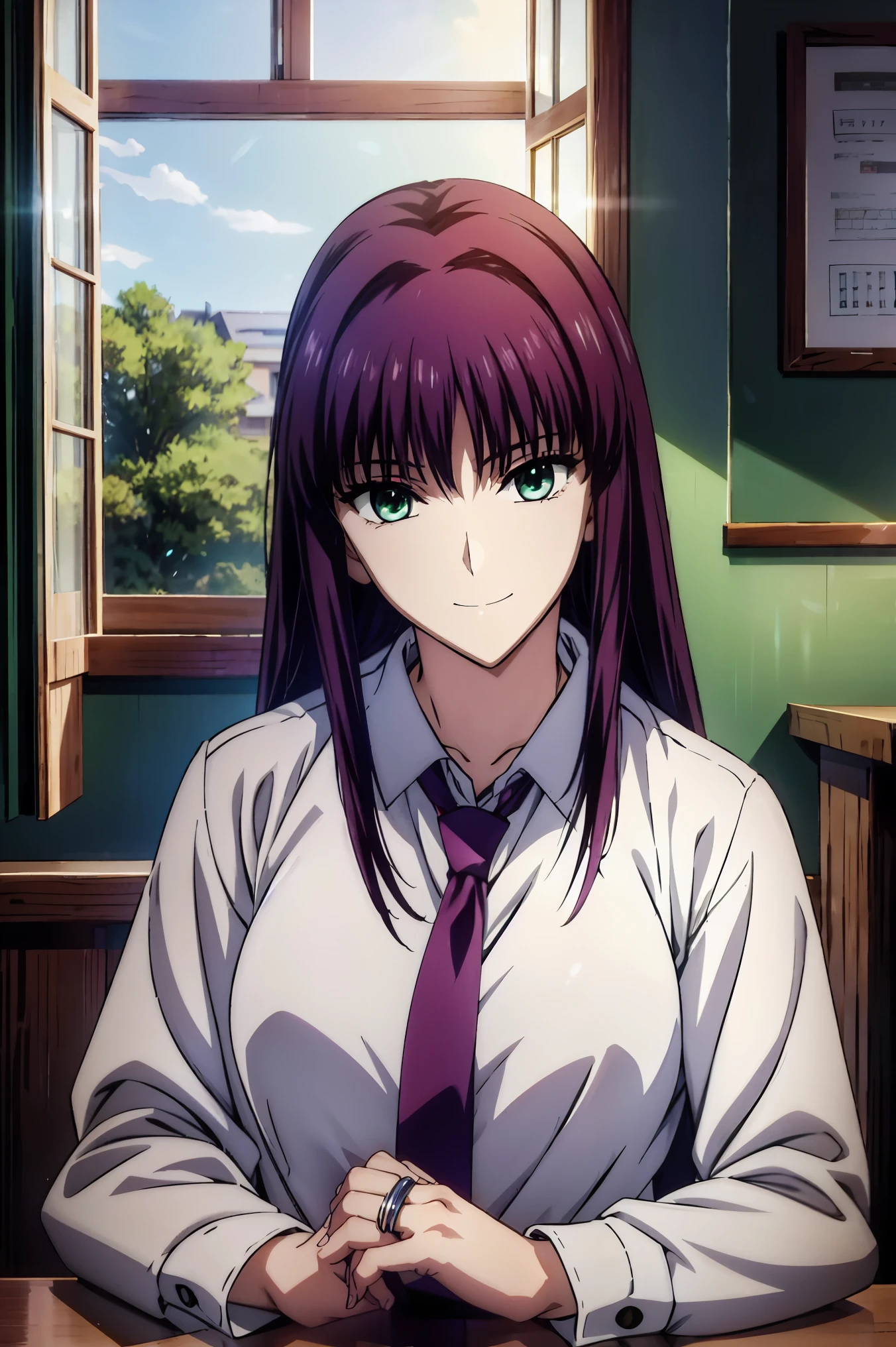 Makima (CHAINSAW MAN) , Scathach ( destiny/ grand order required) , Reika Shimodaira , There's nothing there , Very delicate and beautiful CG illustration of wearing a coat and skirt , 最high quality , Realistic Feeling , Realistic Fabric , realistic texture , beautiful thighs , big breasts、constricted , (((masterpiece))) , ((( best quality))) , 8k , 32K ,masterpiece , beautiful and charming anime woman with long silver hair on hand , Ultra-fine , ultra detail , High Resolution , HYPERREAL SCHOOL GIRL , Muscle area , best quality , high quality , high image quality , high qualityのテクスチャ , high qualityな影 , 高details , details , 1 personの少女 , alone , I , Just One , alone , 1 person , Taki , adult vibe , Leg length , beautiful long legs , 8 heads , :171cm , mature girl , purple hair , purple hair , purple hair , Silky Smooth Hair , colorful hair , straight hair , smile , smiling happily , vibrant expression , かわいいsmile , Cool Beauty , beautiful woman , beautiful face , Beautiful realism , Seductive Expression , Attractive appearance , beautiful hair , 彼女は首にnecklaces身に着けています , necklaces , ビーズのnecklaces , Magatama Accessories , smile , colorful eyes , green eyes , Jade green eyes , beautiful eyes , bright eyes , beautiful eyes , Jewel-like Eyes , Jade Eyes , droopy eyes , (green eyes:1 . 5) , charming face , viewers , mystical atmosphere , School building ,, classroom , smile , student服 , white button shirt , white shirt , tie , plaid skirt , blue mini skirt , black socks , knee-high socks , underwear , bag , extremely detailed CG , classroom , Sitting on chairs , chairs , 複雑なdetails , 目 beautiful eyes , (( A beautiful ring-shaped light , Hitting her cheek , classroomの机 , sitting cross-legged , student , high school student , sunlight shining through window , orbital space , studentが使用する机とchairs , natural soft light , viewers , 背景をclassroom , Japanese Language School , ( crosses legs) , School building , high school student , Missionary Work ,