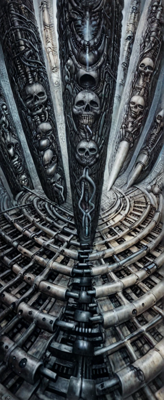 g1g3r, 

Create biomechanical tableau in h r giger's style. It is called “Schachmatt” (Checkmate) by H. R. Giger and was created in 1979.
The painting is a nightmarish biomechanical scene. In the center of the composition is a chessboard with several chess pieces scattered around it. The background is filled with industrial pipes and tubes. The overall feel is one of decay and desolation.
Giger’s signature artistic style, biomechanical surrealism, is on full display in this piece. Biomechanical surrealism combines human ??????? with machines. The skeletal figures in the painting are fused with mechanical parts, creating a disturbing and unsettling effect.
Here’s a more detailed description of the composition:
In the center foreground is a metallic chessboard with several metallic chess pieces scattered around it.
To the right of the chessboard is a skeletal figure hunched over tribune. The figure’s rib cage is open, revealing a machinary inner workings.
Behind the chessboard are two more skeletal figures locked in a struggle. Their bodies are intertwined with tubes and cables.
The background of the painting is filled with industrial pipes and tubes. These elements create a sense of claustrophobia and confinement.
The use of dark colors and shadow adds to the oppressive atmosphere of the painting. The only light source comes from the computer terminal in the foreground.
“Schachmatt” is a powerful example of Giger’s unique artistic vision. It is a disturbing and unsettling work that challenges viewers to confront their fears about death and technology.

, ooze soaked pajama top
