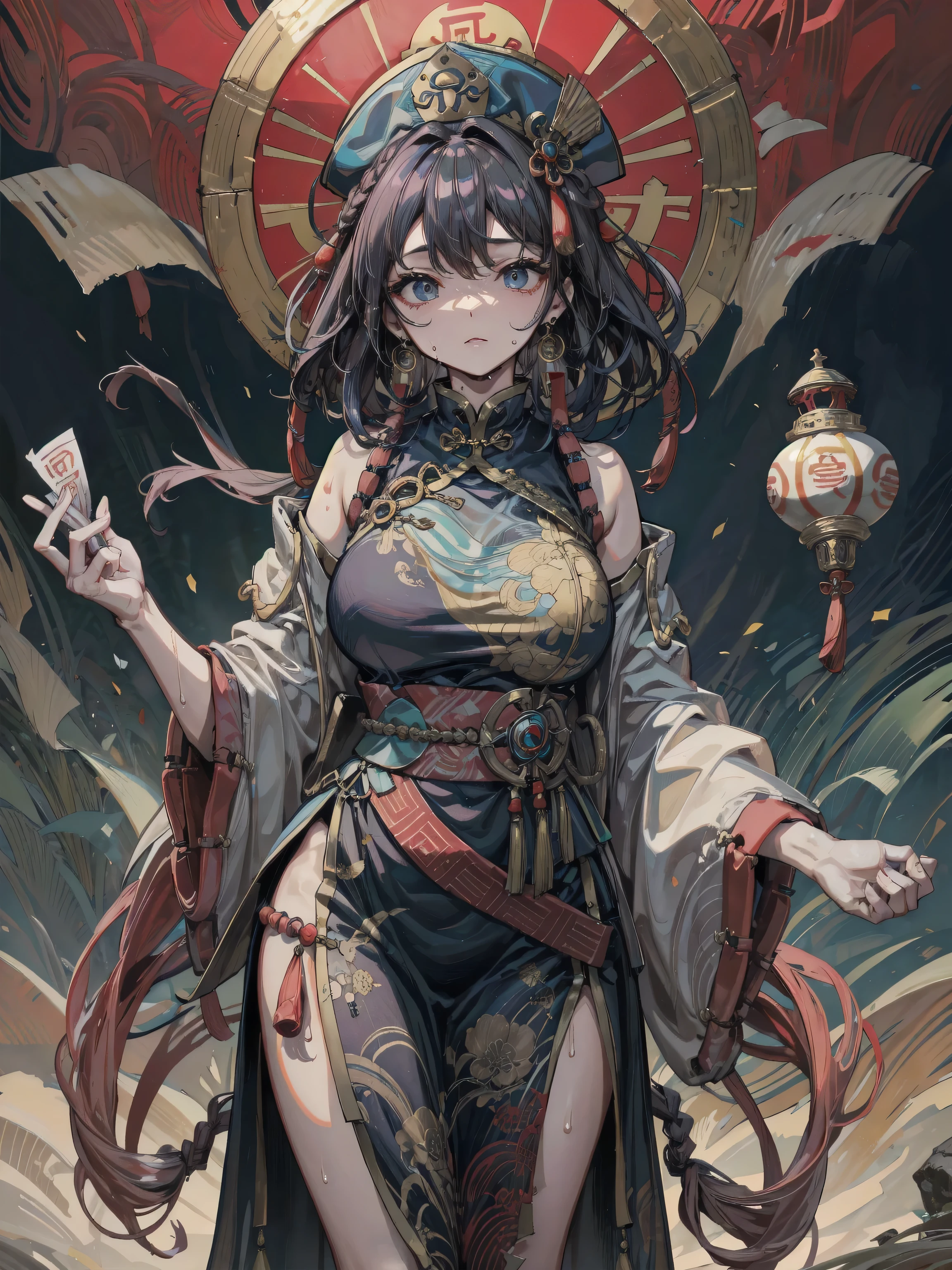absurdres, RAW photo, extremely delicate and beautiful, masterpiece, Best Quality, ultra high resolution, 32k, hyperrealistic, ultra-detailed, in her 20s, delicate facial features, tearful mole, earring, medium breasts, full body shot, shorter middle hair, black hair, ofuda, jiangshi, 