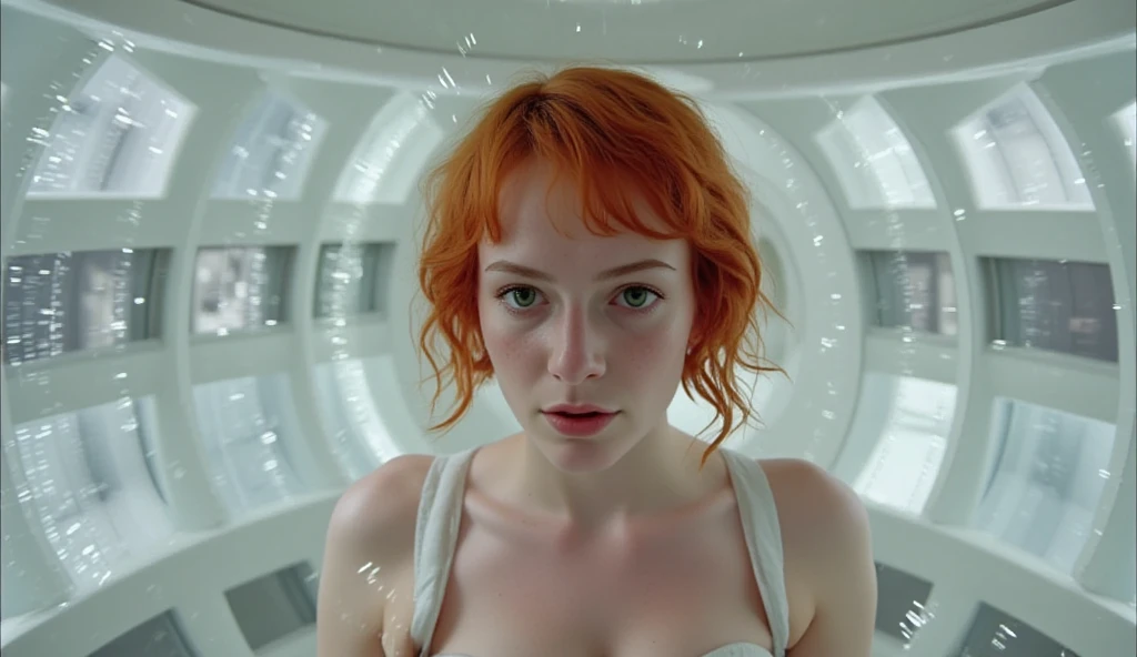 Leeloo sits inside a high-tech learning pod, suspended in a glowing white chamber. Her short, fiery orange hair contrasts with the sterile environment as holographic streams of information spiral around her. She blinks rapidly, her intense green eyes darting between flashes of human history—wars, art, technology, and emotions. The chamber is sleek and futuristic, its curved walls pulsing with data streams. A deep-focus Panavision 70 shot captures her expression shifting from curiosity to sorrow as she absorbs humanity’s triumphs and tragedies in mere seconds
