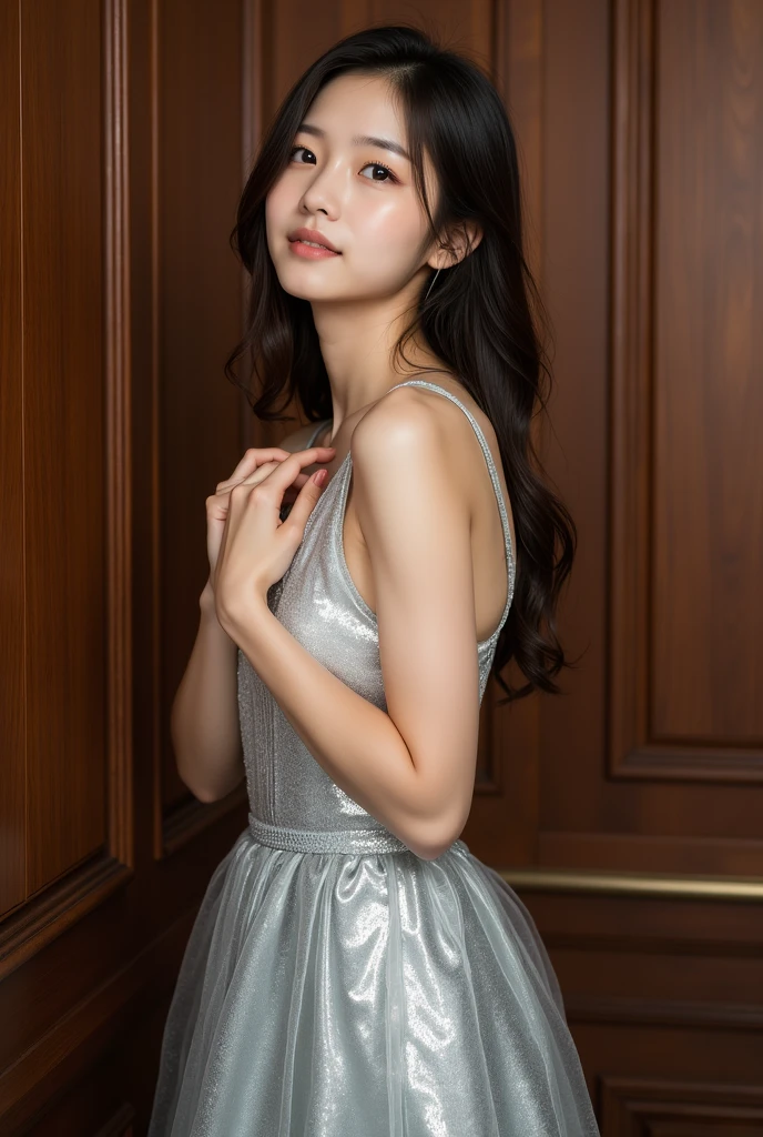 portrait photo of a beautiful young 18yo girl, (wearing evening gown:1.4), pale skin, looking at viewer, slender body, short hairstyle, blonde, slight smile, studio apartment, detailed face, color grading, 50mm portrait photography