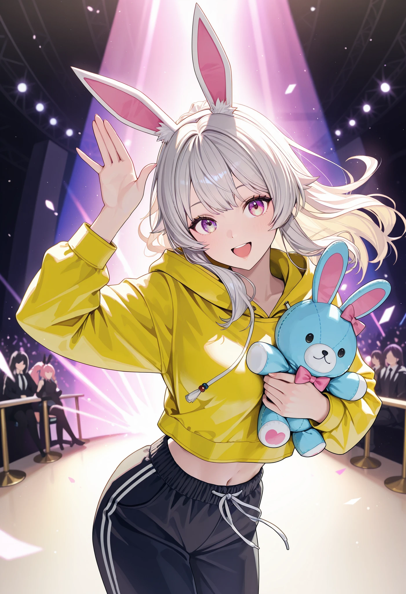 1 woman, \Character "Atlas"\, with plush toy, Alone, the plush toy is a cute rabbit,
\Atlas\ is wearing simple (Hooded parka,\not bunny ears:1.2)\, and she's wearing loose sweatpants, pop street casual,
BREAK She walks like she's dancing, very happy, Blessed by her many friends, thank you,
wonderful realism,4K resolution,natural details,Realistic Illustrations by Experts,intense pop colors,Attractive lighting,dynamic composition,FUNNY ATMOSPHERE, Comprehensive balance adjustments, top quality,