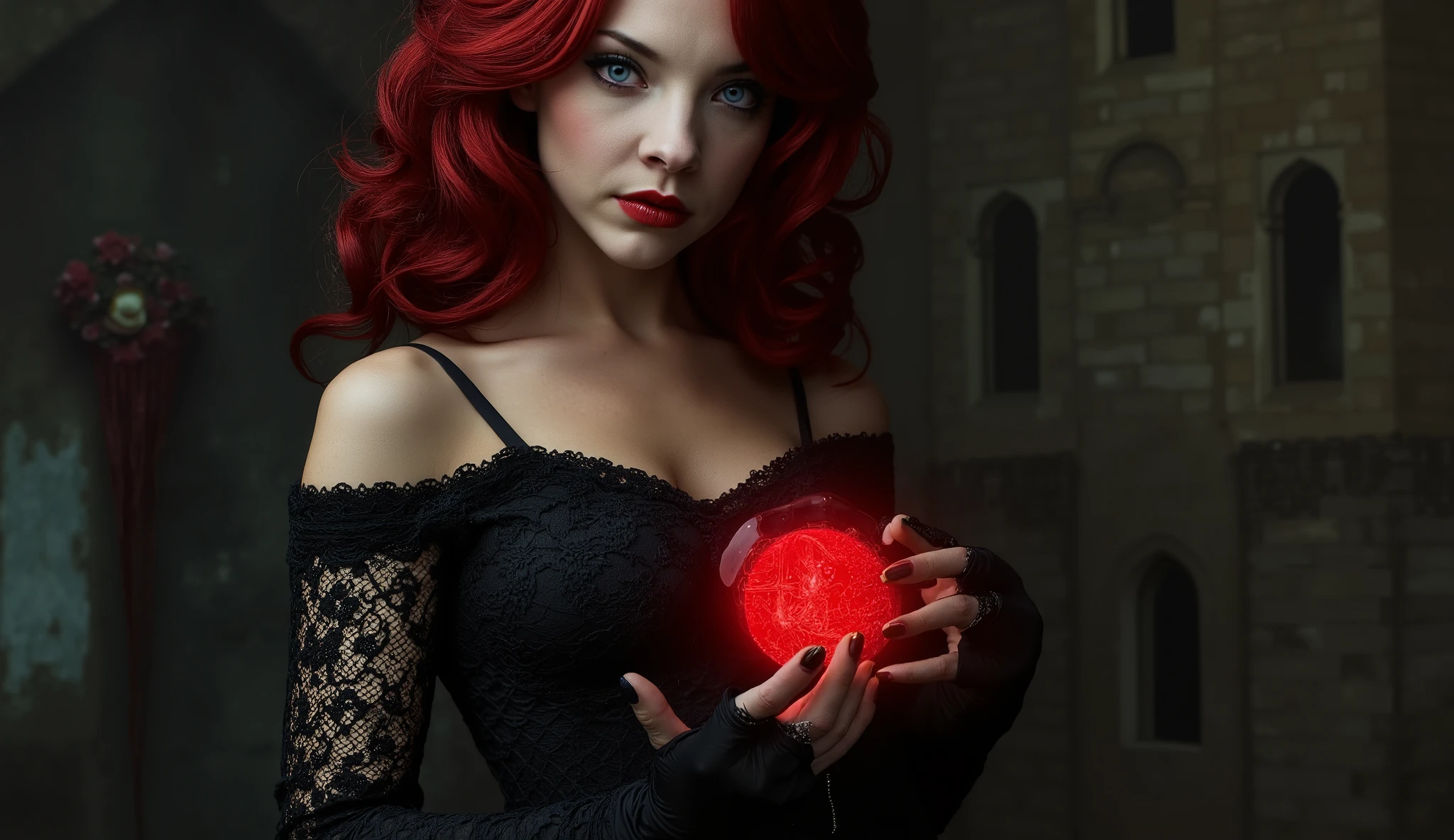 A vampire epitomizes the allure of dark fantasy and magic. With an enigmatic expression gracing her features, she is adorned in a captivating black lace ensemble that flows gracefully, revealing a daring slit that accentuates her hip, further enhanced by delicate lace stockings. Her vibrant red hair cascades in a wavy bobcut, framing her face and emphasizing her sharp nails and fangs, which peek from her subtle smile, suggesting a blend of seduction and peril. In her hands, she holds a mesmerizing red and black glowing crystal ball, a testament to her command over mystical forces and her profound connection to the shadows. This gothic figure, steeped in the supernatural, navigates a realm where darkness reigns and magic thrives, enchanting all who dare to look upon her. The backdrop of a gothic castle, rich with vampiress themes, amplifies the aura of mystery and enchantment that envelops her presence.