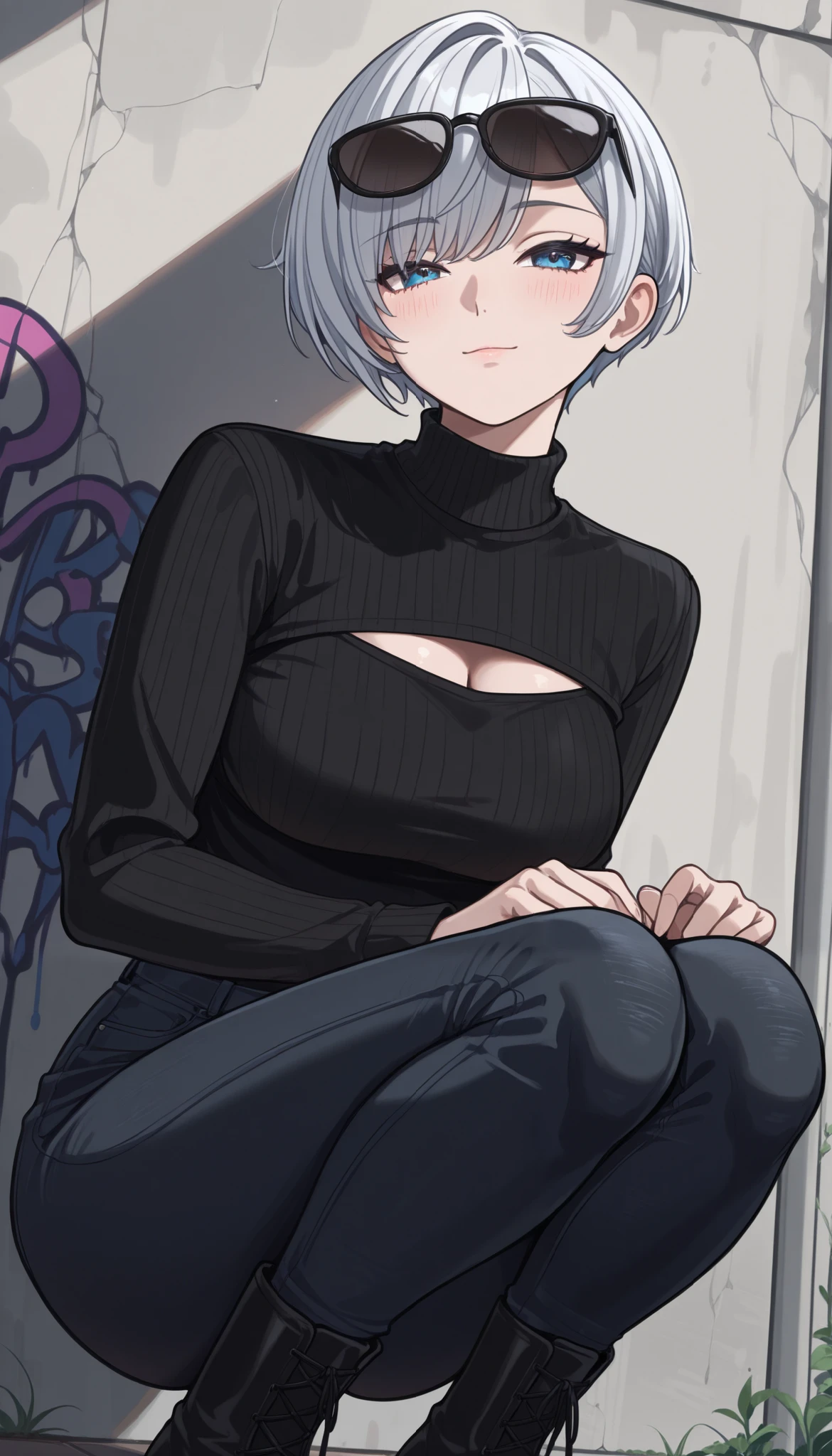 (quality), ( more), ( best picture ), (걸작), detail line art, anime style, Vivid Color, Beautiful Handsome Anglo-Saxon Woman, sharp jawline , perfect body ratio, Very small head, very small face, Ideal Proportion Body Ratio, The body is perfect, perfect style, Perfect balance, Delicate Facial Features, beautiful detailed woman, VERY DETAILED eyes and face , immaculate skin, Blue eyes like the sky, realistic beautiful face, realistic beautiful eyes, slender, middle chest, ((단정한 very short silver pixie cut)), ( black turtleneck sweater , black wide leg denim jeans), ( women's black combat boots ), I'm wearing round black sunglasses with one hand, blush, light smile, feet out of frame, pictorial, (squatting in front of a graffiti wall), bring the knees together.