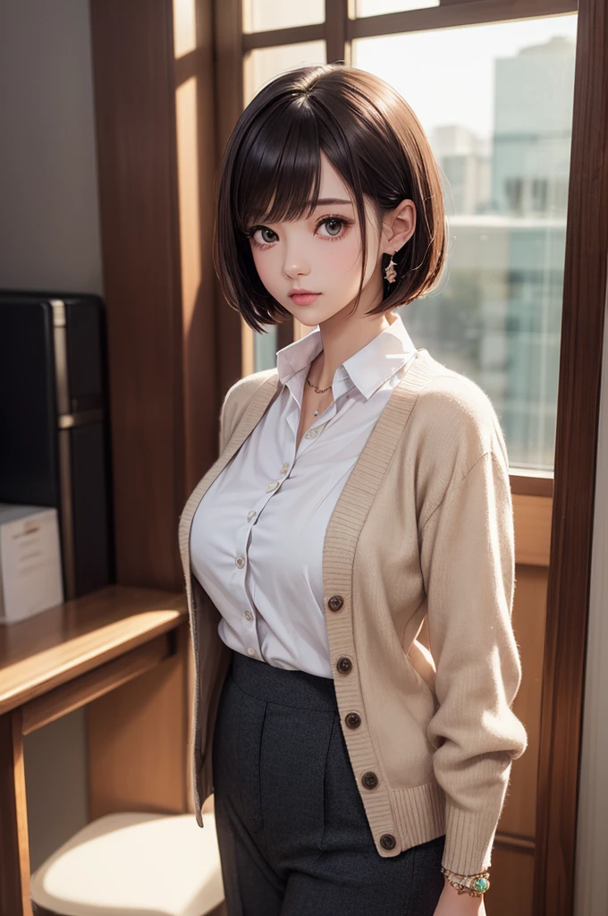 Seductive girl, school uniform, pleated skirt, brown loafers, 4K digital art, glamor girl, outdoors, ultra-realistic photography, excessive art, 8K high quality detailed art photography, weepy, curvaceous tan girl, dress shirt, cardigan, brown wavy hair, tanned skin, loose socks, holding back her pee, (blushing), attractive figure, striped panties, gal manners, playful, (holds down crotch), unreasonable,