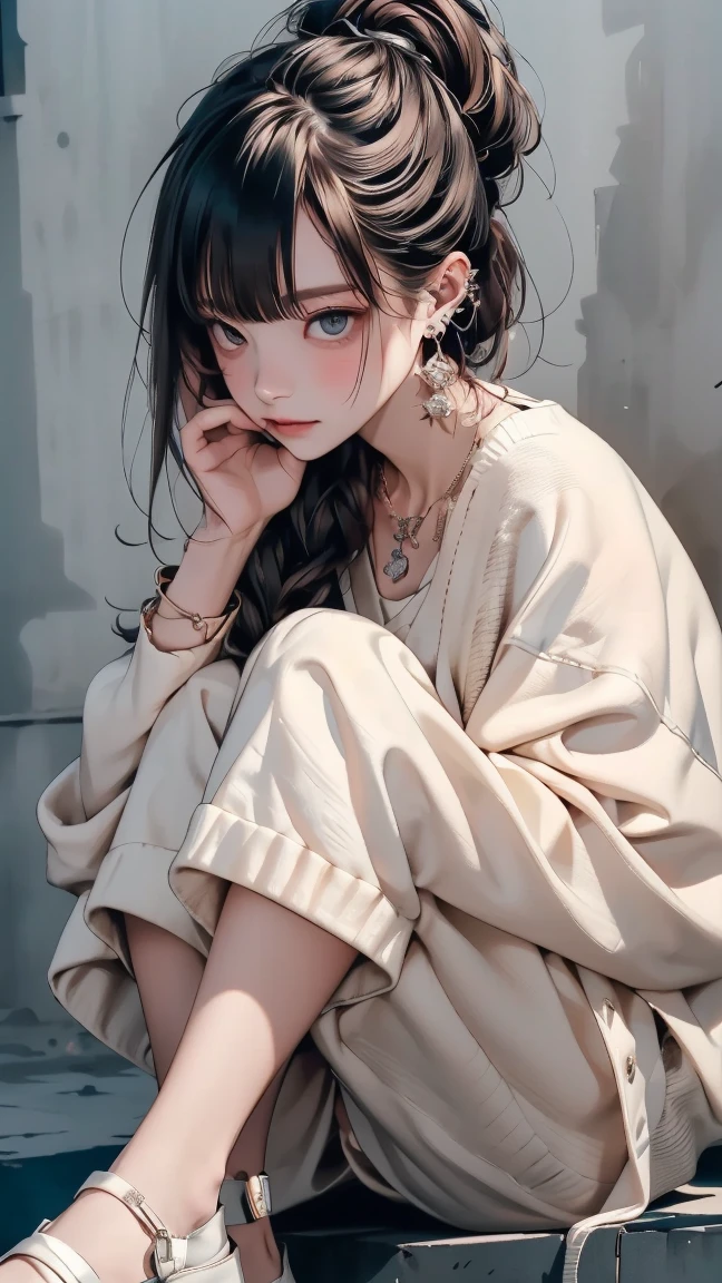 (Pieces fly),(highest quality:1.1),(Very detailed),Best illustrations,The finer details,(Portraits:1.1),(Watercolor)fluffy,1 girl,alone,13 years old,slim,(Very delicate and beautiful face),(Beautiful eyes in every detail),Pink thick lips,(Messy Hair),Soft and lazy,(Simple Background:1.2)Overall background color,Transparent parts,In 4K,Full Shot,Thin legs,Pink High Heels,The happi coat is open