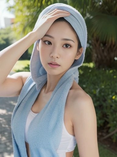best quality, masterpiece, ultra high resolution, Japanese supermodel soaks in hot springs, outdoor hot springs, stone hot springs, A bright smile with teeth visible, surrounded by moss and trees, What a beautiful face, pure body, Pores are clearly visible, (laugh:0.8), wear separate clothes (white headband:1.2), (realism:1.5), original photo, wet body, sweat all over one&#39;s body, bare shoulders, in the dark, deep shadows, low profile, cold light