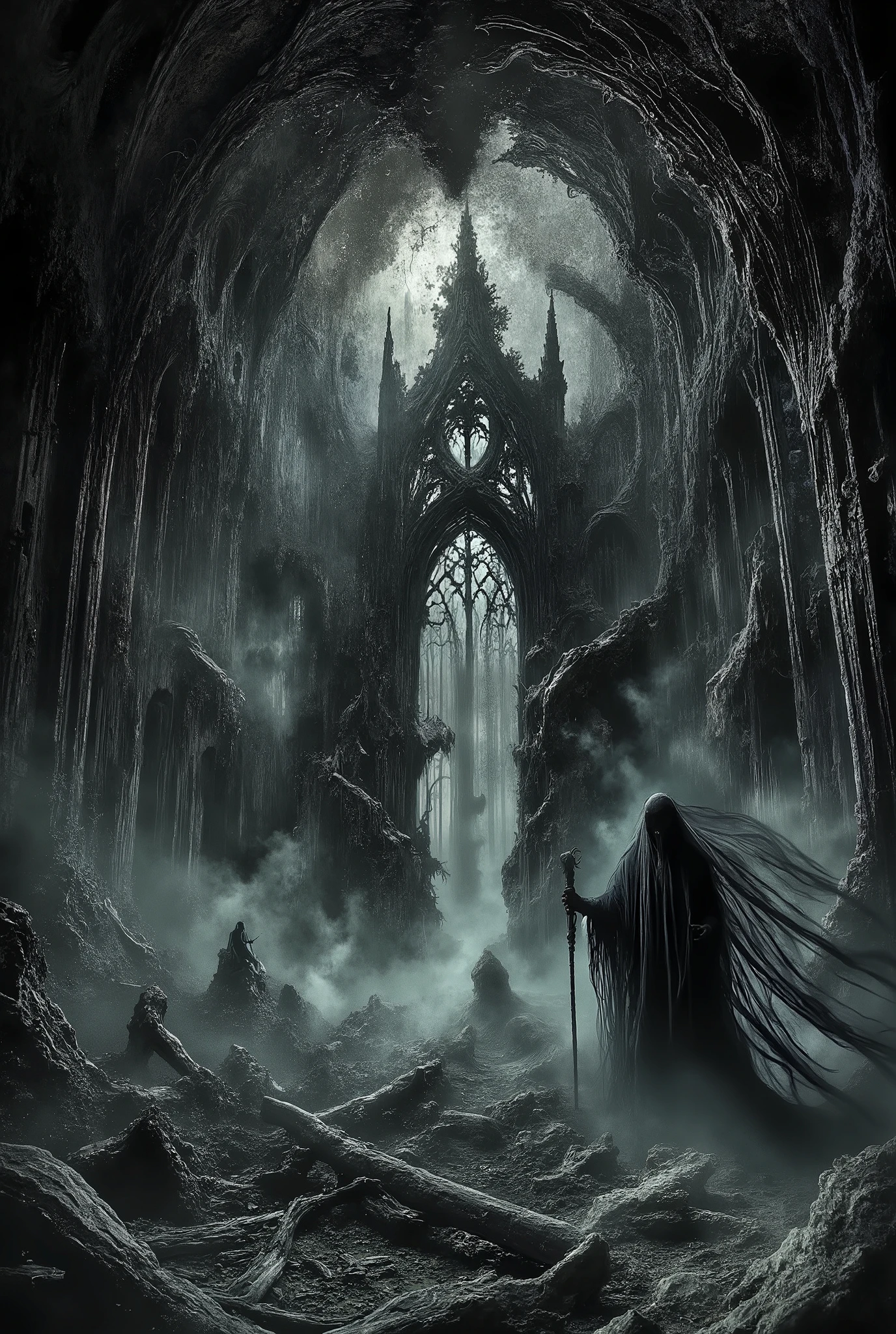 A dark, vaulted Gothic tunnel. An ornately decorated and crumbling stone archway, eroded and decayed. A deep, narrow passage. A dim, pale moonlight shone through the broken Gothic archway. A misty, gloomy atmosphere. Eroded stone columns. The rough and uneven stone floor. Inconspicuous blue and dark gray, with soft and faint highlights. The texture is organic and uneven. A sense of decay. A long, narrow passage leading to the unknown. Still and ancient. A terrifying, mysterious, and unsettling mood. A mysterious demon dressed in black, holding a scary cane, is standing far away at the archway.