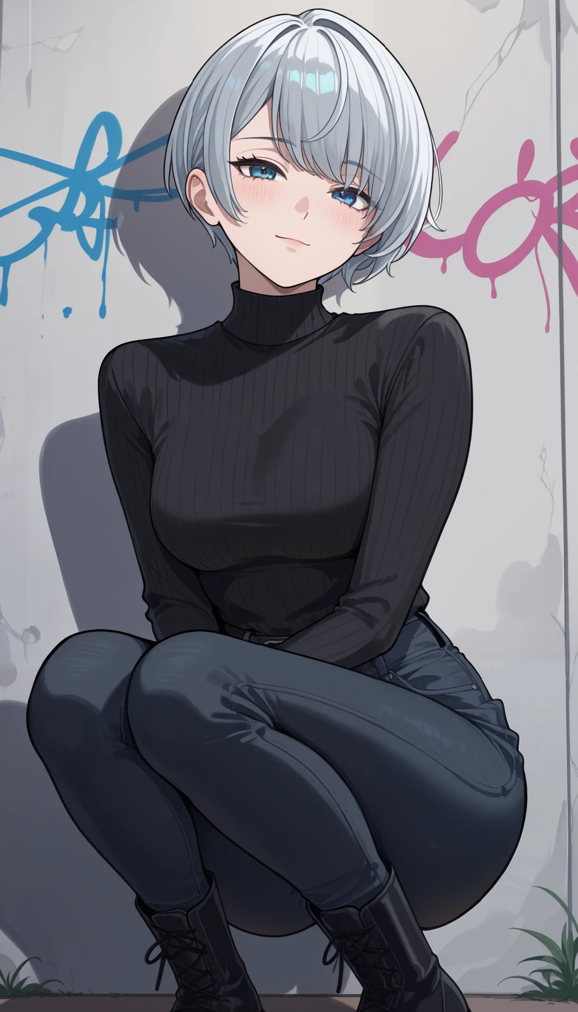 (quality), ( more), ( best picture ), (걸작), detail line art, anime style, Vivid Color, Beautiful Handsome Anglo-Saxon Woman, sharp jawline , perfect body ratio, Very small head, very small face, Ideal Proportion Body Ratio, The body is perfect, perfect style, Perfect balance, Delicate Facial Features, beautiful detailed woman, VERY DETAILED eyes and face , immaculate skin, Blue eyes like the sky, realistic beautiful face, realistic beautiful eyes, slender, middle chest, ((단정한 very short silver pixie cut)), ( black turtleneck sweater , black wide leg denim jeans), ( women's black combat boots ), I'm wearing round black sunglasses with one hand, blush, light smile, feet out of frame, pictorial, (squatting in front of a graffiti wall), bring the knees together.