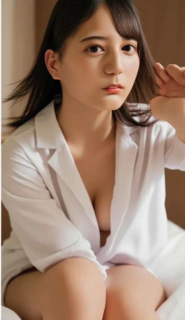top-quality、Top image quality、masterpiece、fully body photo、25 years old women, 、Dark brown wavy middle hair、bangss、((White Coat of Doctor、Long sleeve white shirt with collar、Black Pencil Skirt、Stockings、With a stethoscope、Kamimei))、 ((no-bra、Puffy nipple、chest is completely visible、Visible))、Sexy pink panties、soft boob、breasts of medium size,、high-heels、a necklace、耳环。 cute smile face、Sit in a chair and look up、((I can see all my panties、Rub your chest with both hands、Touching the crotch))