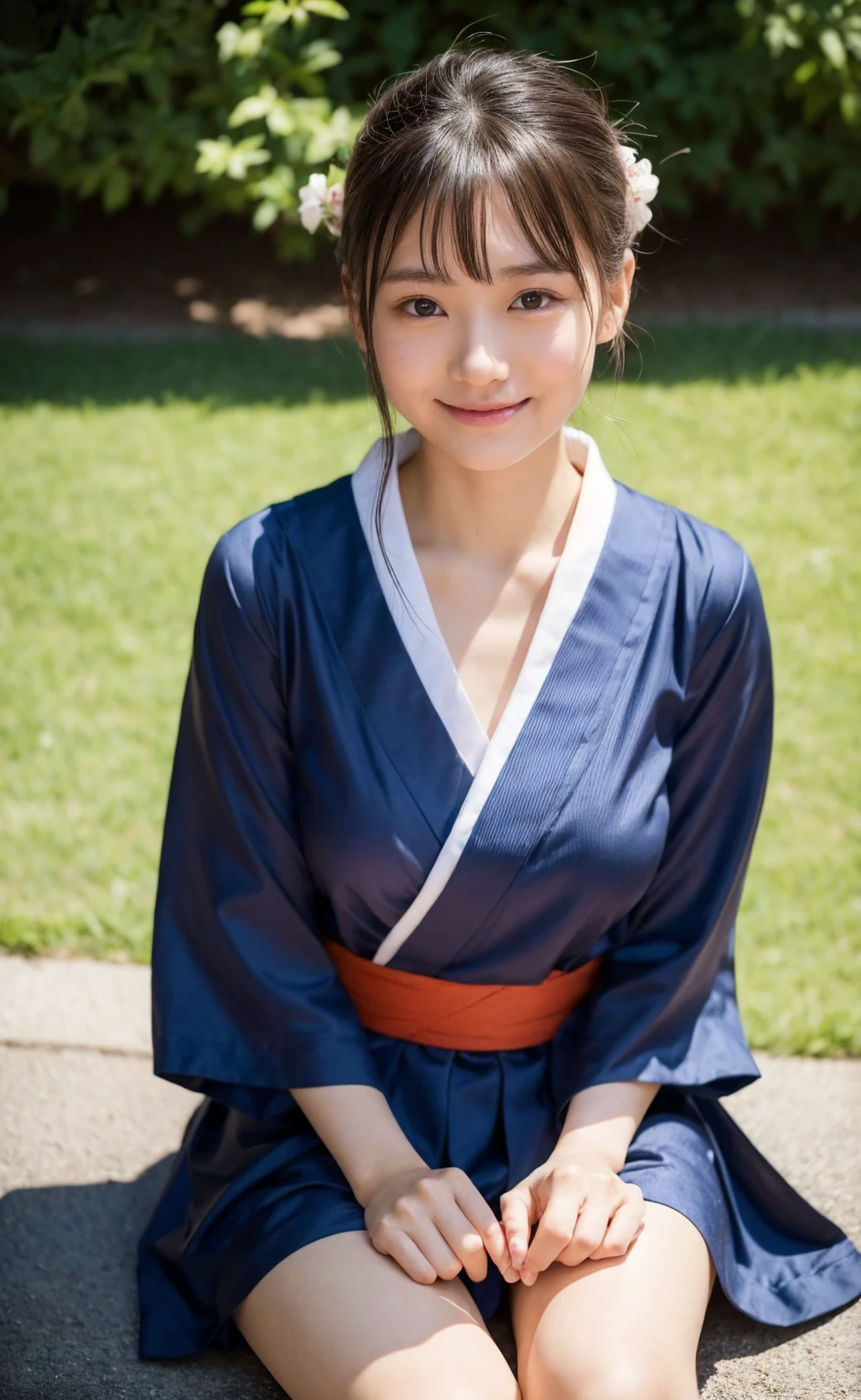 (8k、live-action、High definition photos:1.2、top quality:1.2、masterpiece:1.2、 best composition:1.2),(garden :1.1、blue sky:1.2、Front lighting:1.2),((perfect lighting)),(濡れたhair),viewers dripping to the floor,cuteポーズ, (Kamigami:1.1),(smile:1.1),symmetrical eyes,18 years old,student,White skin,knees, small face,前hairを真ん中から分けます、 I can see my forehead ,skinny, crunchy)、masterpiece,top quality、超A high resolution,One person, solo,cute、Back to Students,(yukata:1.3),high school girl,Japanese woman,(フォトreal:1.37)、photon mapping, realistic、cute small face,brown eyes、prospect、depth of writing、blurry background、real,(前hairが見える), hair, (Nogizaka Idol:1.2), actress、Big, Fuller Breasts、Chest Valley、(Thighs:1.3)、 ultra-fine in 8K、(8 heads)、beautiful skin、(Skin with visible pores:1.2)、(Focus on the face)、Natural neck、( skeleton pointing the at the camera)