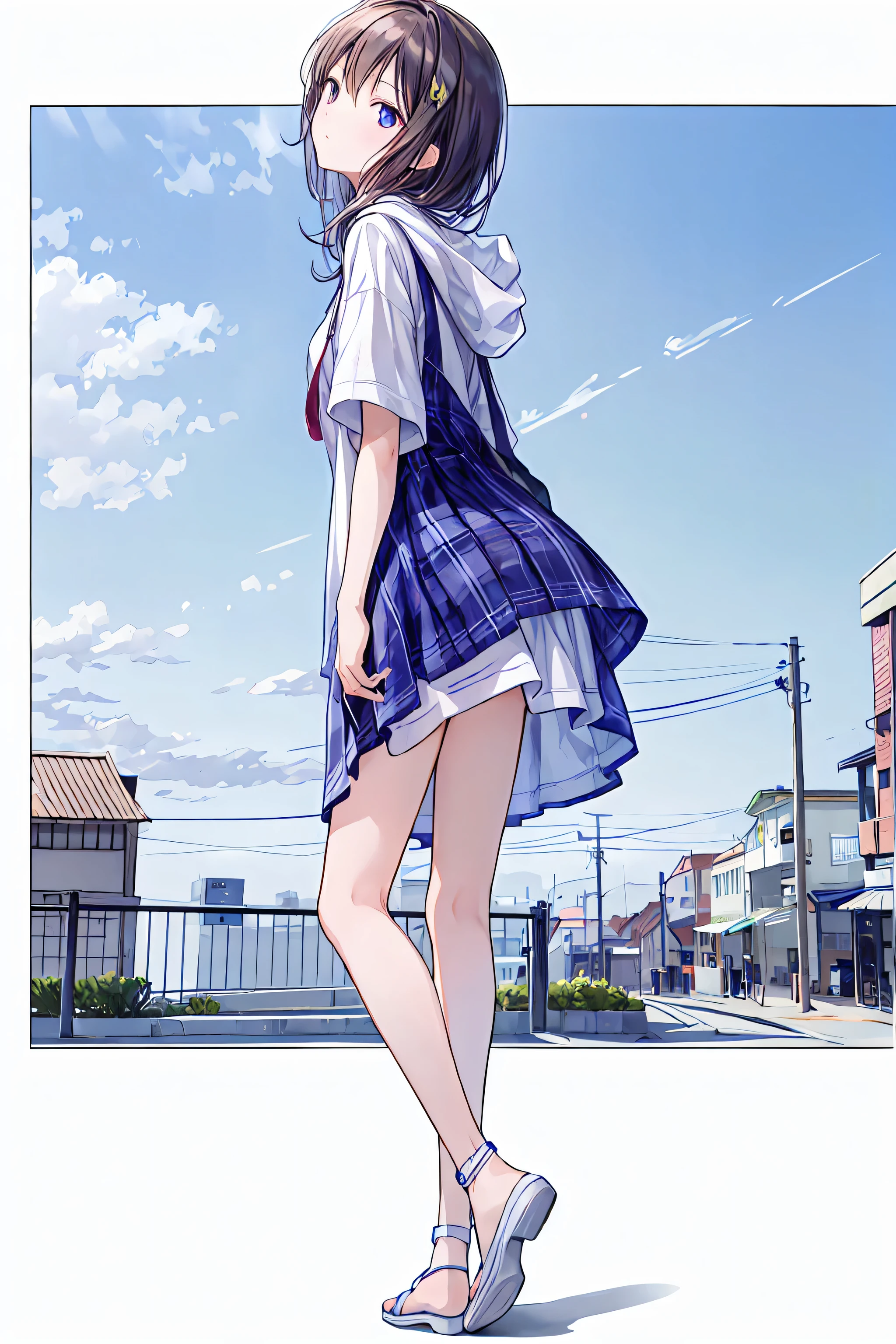 4 Kanata,Wear a hoodie。next half volume,Butt,nice,beautiful night scene background ,Stand on tiptoes, Bend Your Knees,turn your knees outward,Rear View