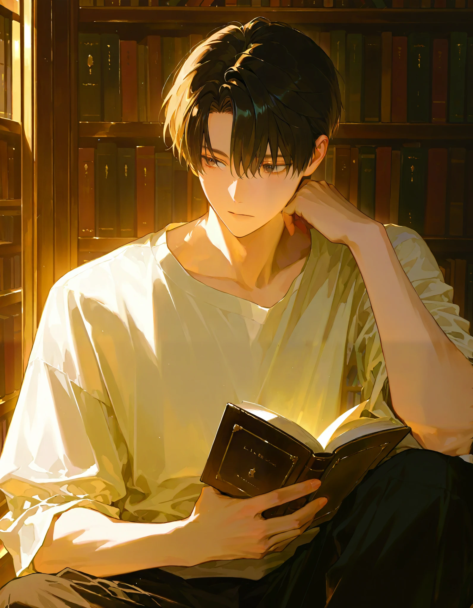 1. r leaning on a bookcase,Handsome,short hair,,Solo painting,Holding a book cover,shirt, Library,