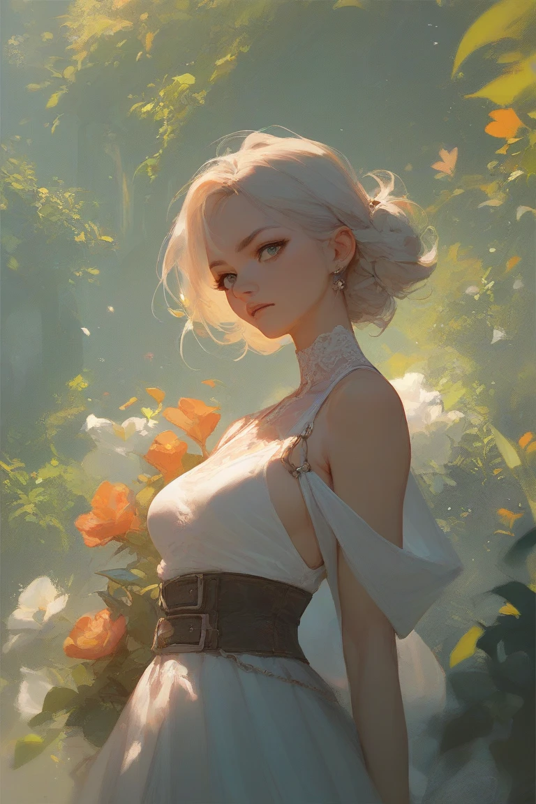 1girl with a short white hair beautiful detailed eyes, beautiful detailed lips, pale skin, delicate features, porcelain-like complexion, elegant pose, graceful posture, ethereal beauty, light and airy atmosphere, soft and subtle lighting, wisps of hair floating in the breeze, intricate lace dress, delicate floral patterns, fine brushstrokes, realistic rendering, vibrant colors, dreamlike ambiance, a garden filled with blooming flowers, soft sunlight casting shadows, a sense of tranquility, a masterpiece capturing the essence of purity and grace
