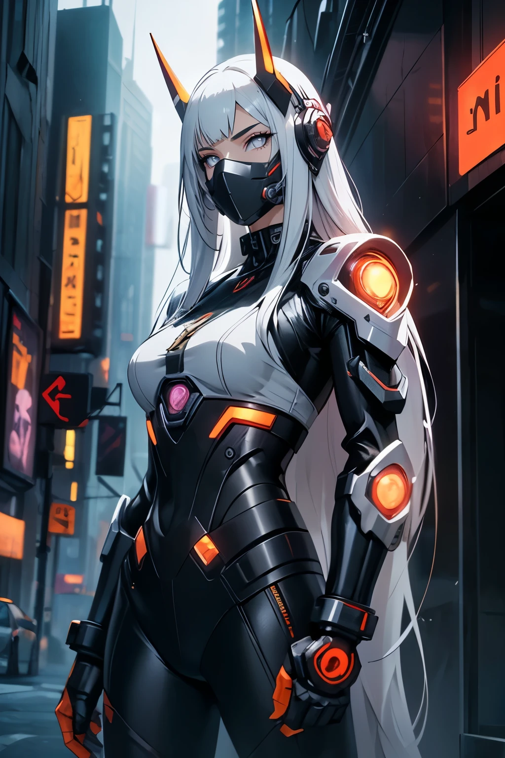 1girl, a beautiful girl cyborg cyberpunk with a cyberpunk city tall buildings, white hair, white and orange and black machine suit color combination, the body full of machine, realistic futuristic hologram, asian skin tone, beautiful eye, beautiful asian face, cyber ear machine, suits is solid mecha, realistic machine, sci fi scape, manipulation is a masterpiece, long hair, masterpiece, suit of cyberpunk, realistic sci fi building texture mecha aestethic, digital cyberpunk, looming over a city, cyber technology, realistic hair, lots of hair, white of hair, realistic metal solid texture of building, realistic neon glow, realistic neon sign, wonderful side lighting, realistic futuristic cyberpunk building, realistic girl robot cyberpunk, fog, foogy, masterpiece of detail, RAW IMAGE, depth of field, point of interes, depth of field is masterpiece, best photography composition masterpiece, natural realistic hair, rule of third masterpiece photography, natural lighting, photography masterpiece natural lighting from side, realistic skin texture, strong reflection, ( pose pinterest) masterpiece beautiful, Devil Horns, smooth pixel, ray of light, soft light, small breasts, mastepiece of cyber mask, masterpiece fantasy gun, carry a fantasy weapon