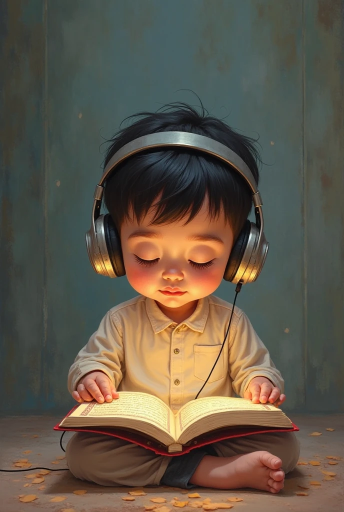 Vintage photo of a small boy wearing headphones, lit from left