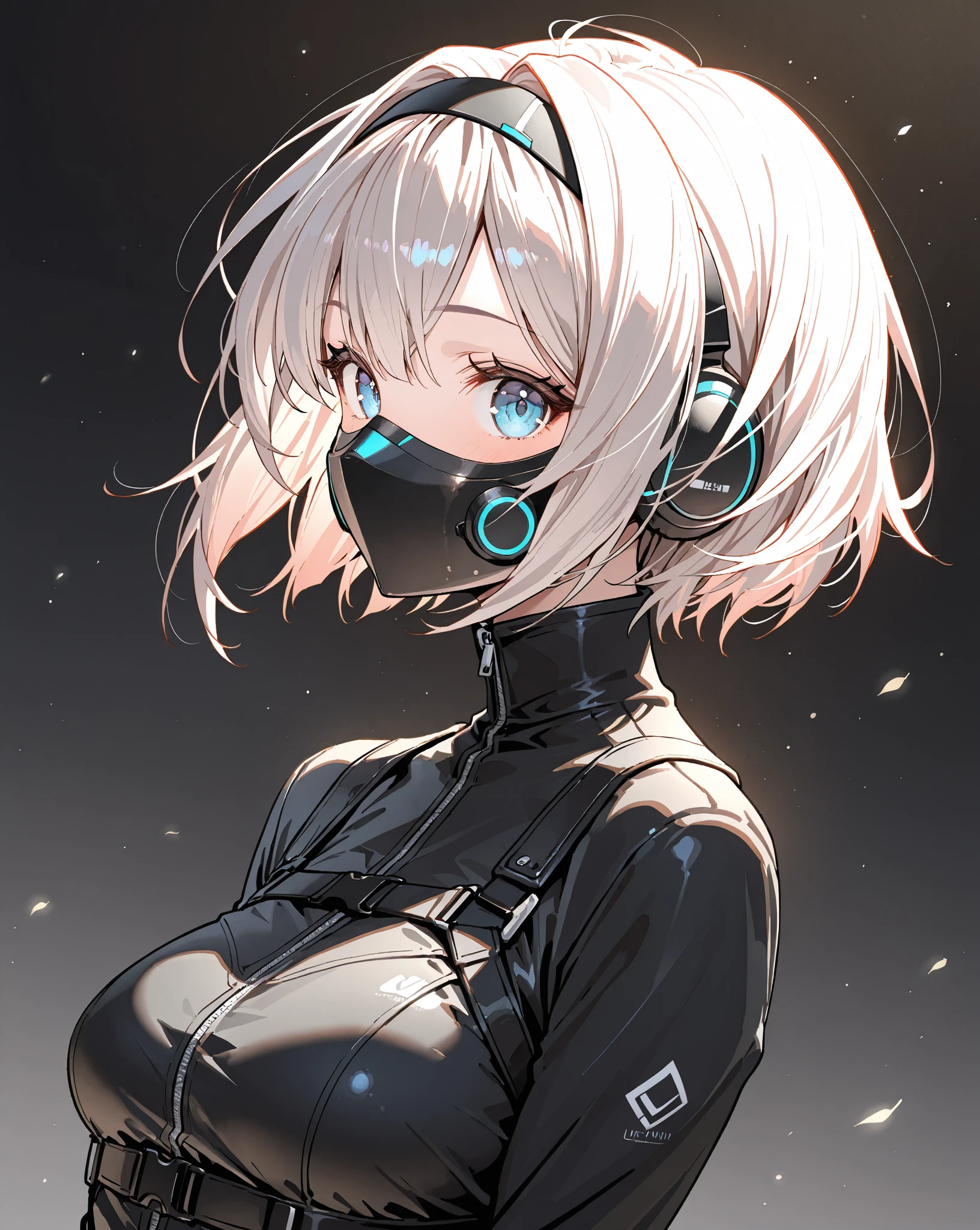 (white short hair)(red eye)(Eyes without highlights)(Wear a black mask)(In the dark alleys)(Gloomy environment)(Eyes emit blue U-light)4K