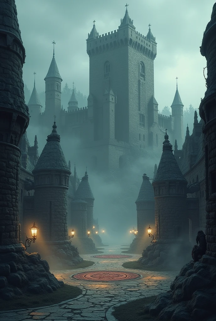Dark fantasy style art with a castle in the background and a square in ...