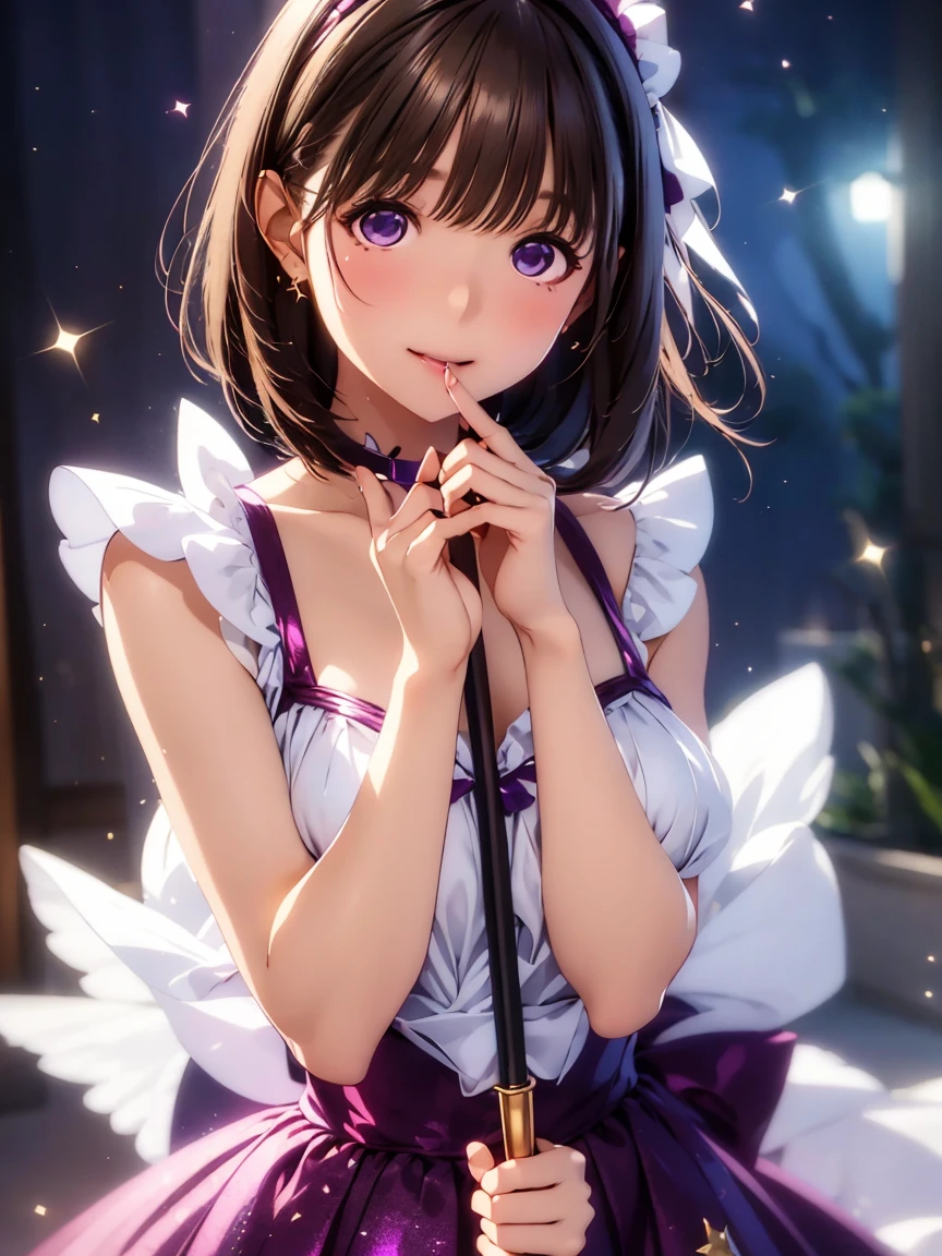 (highest quality, High resolution), Glowing Eyes, Delicate facial features, Vibrant colors, Dreamy atmosphere, Fantasy Theme, Floral Background, Graceful Movement, Magic lighting, Mysterious Aura, Heavenly Beauty, Magic thread, Whimsical elements,Big Breasts、lingerie、sexy