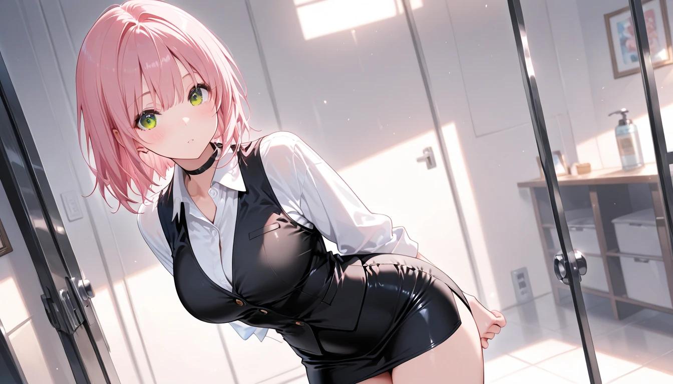 materpiece, super detailed, 4k quality, best quality, high resolution, hd quality,Pink hair, pink eyebrows, bang hairstyle short hair, Coat and Dress shirt under, medium sized breasts, c cup breats, black coat, white under shirt, black tie, black skirt, lifting up skirt revealing white see through panties, embarrassed face, background is a changing room, looking at viewer, lifting up skirt, lifting skirt, 1girl, (lifting skirt), using hands to lift skirt, thick pink eyebrows, white panties, white underwear see through