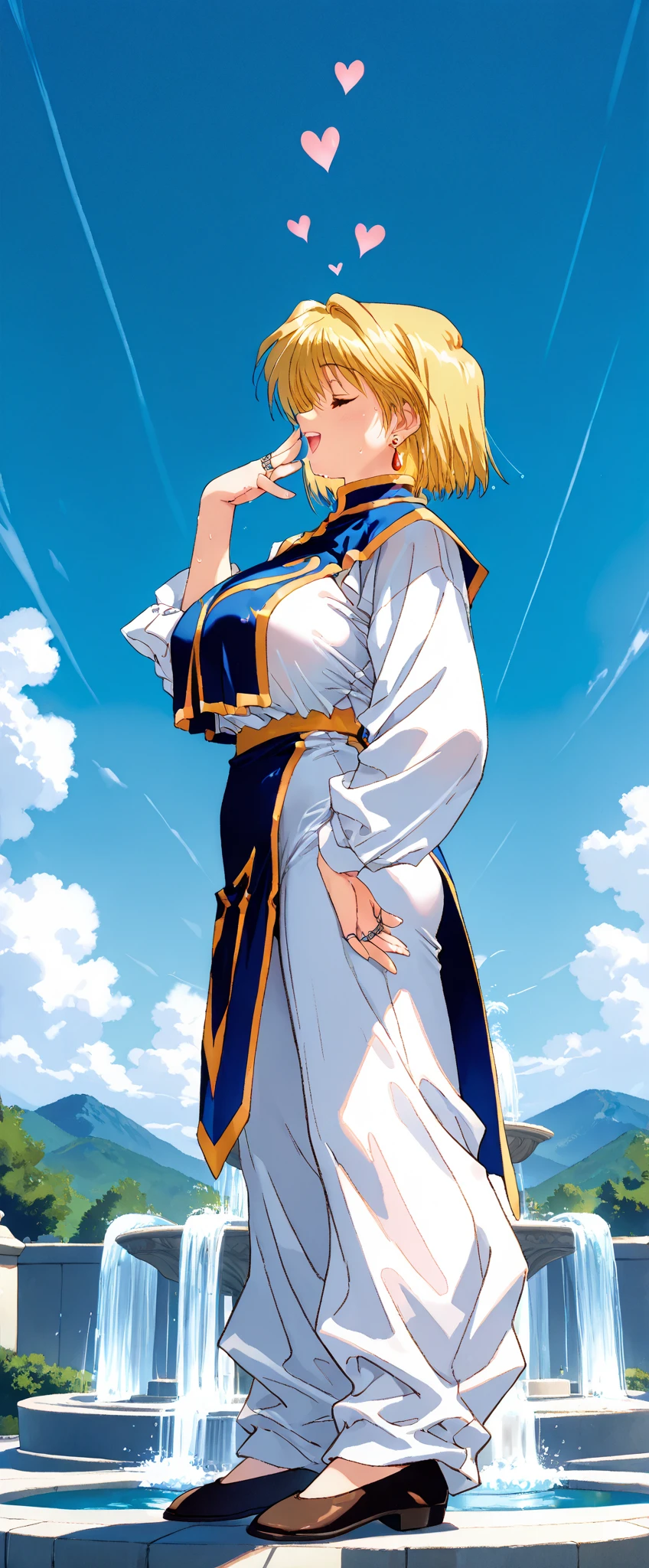 Nikka , sweater , white pantyhose , blonde hair , blue eyes, short hair, cowboy shot , sky background with border ,