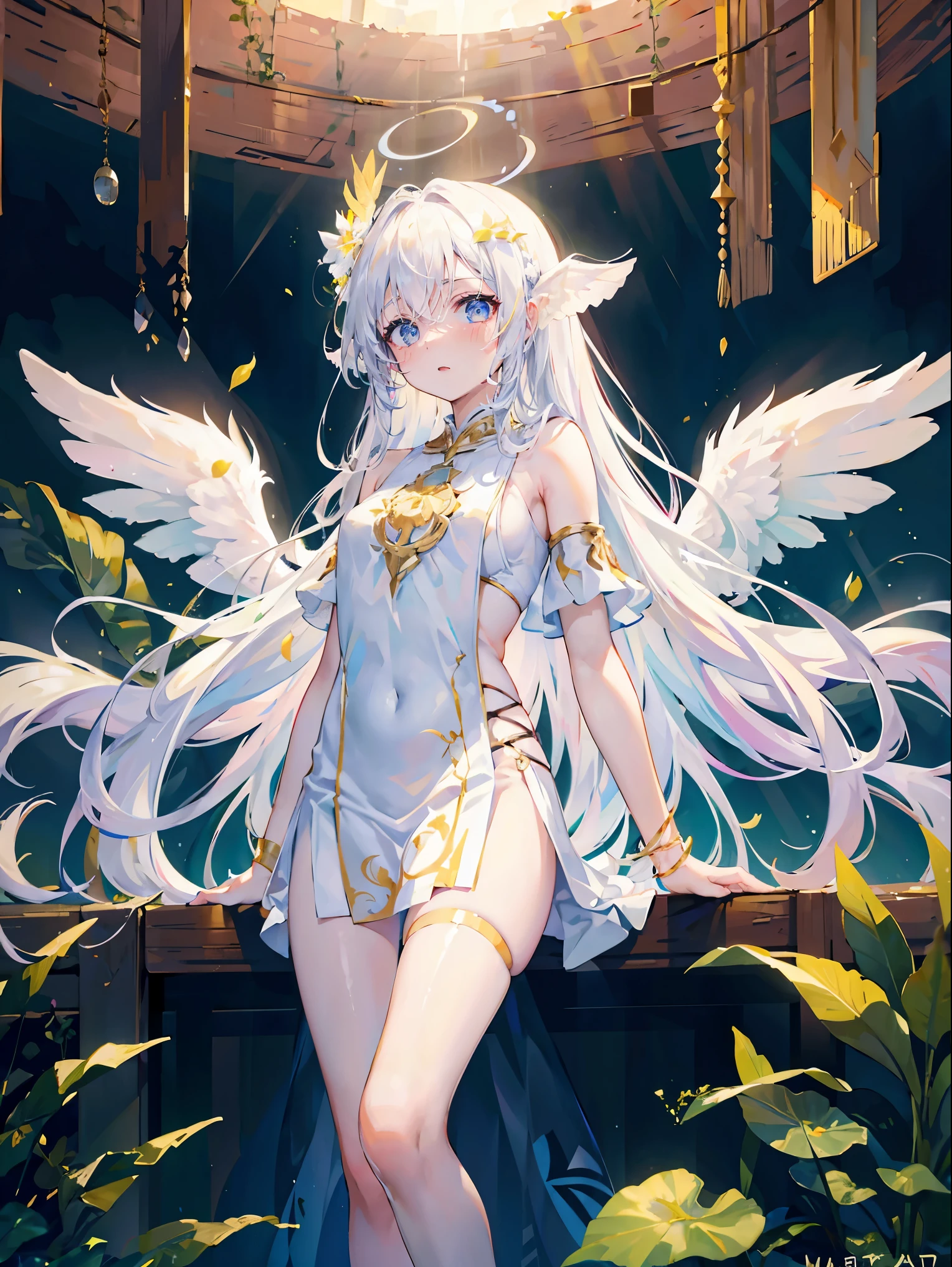 (masterpiece,Best Quality, ultra-fine in 8K), 1girl , white, Greek dress,faint,in marble temple, night,Viewer,Pointed ears,alone,blindfold bandage,white hair, long hair,very long hair,flowing hair,Brow hair ,Color Dress, Wings ,detached Wings ,faint,open mouth[cage,[cage,Sunlight,backlit,flower,plant,Shattered glass,feather, Lens Light , blurry