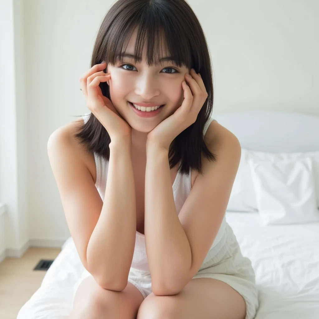 One girl,Sitting on the bed,Naivety,Down to the feet,Black Hair,Very Short Hair,pink,Sleeveless,Unbutton it,A big smile,Junior high school freshman,Innocence,Japanese,single eyelid,Neat face,Small swelling in the chest,Honey,front,Look here,transparent, (masterpiece, Highest quality), Structure of the film, Like a movie