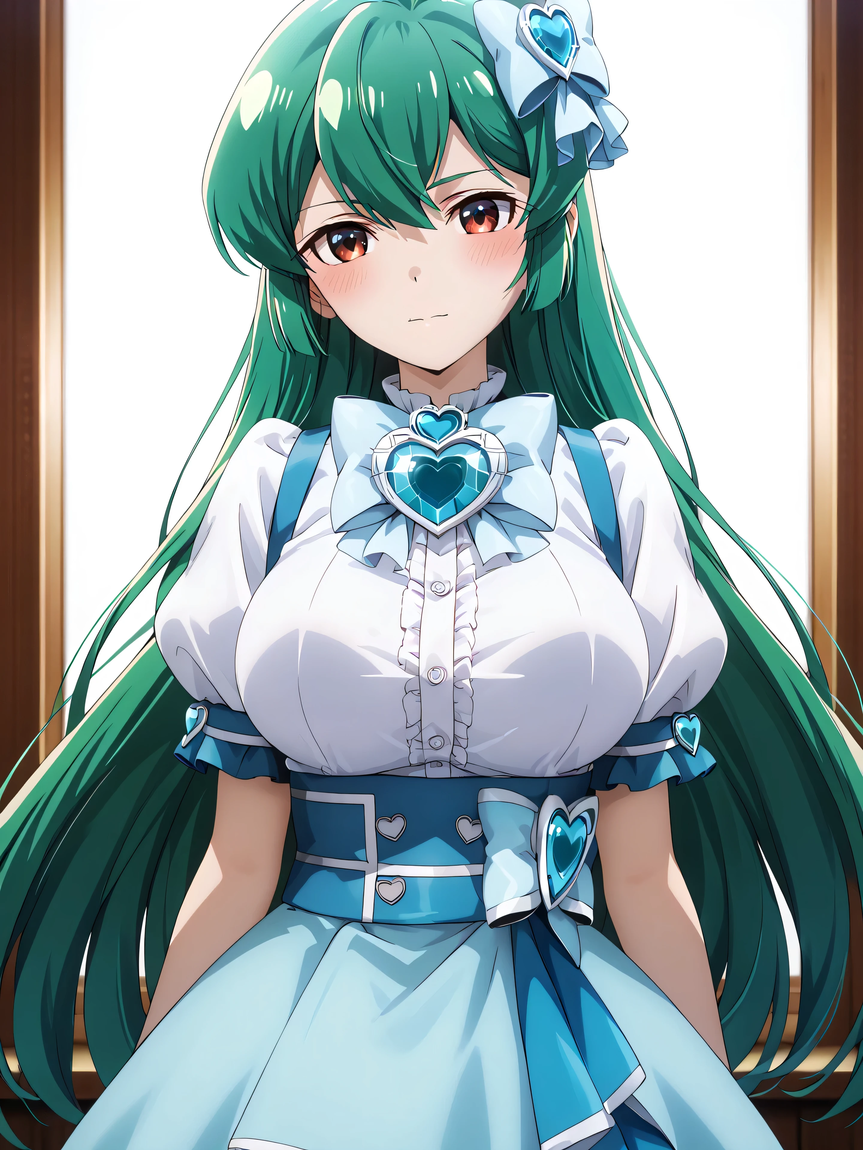 master piece、Best Quality,Super detailed,High resolution,Extremely detailed CG,Unity 8K Wallpaper,weat,score_9, score_8_up, score_7_up, score_6_up, score_5_up, score_4_up, source_anime,MinakamiSayo,Anime screenshots, Official Art、shirt, big breasts, dress, gem, 白いshirt, Upper Body, Short sleeve, Puff sleeves, A bow tie, パフShort sleeve, Heart Brooch,Red eyes、Green Hair、