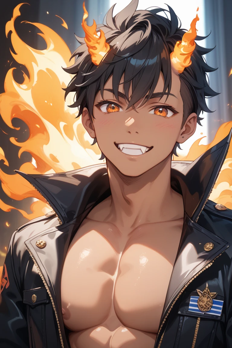 (masterpiece), ((sfw)), best quality, expressive eyes, perfect face, mature male, (1boy, adult Man), young adult, young man, solo, Green hair BREAK ahoge, blue eyes BREAK demon boy, topless male, open jacket, standing, evil smile, grin, looking at viewer, demon horns, wings, black background, (fire scenery, flamming background), hell, looking at viewer