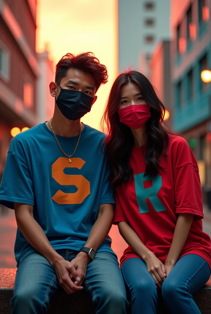 handsome man ((wearing black mask and black baseball hat and black clothes his skin is tan and his eyebrow is thick his hair black and long till shoulder)) he hug pretty girl with ((pink long hair having blue eyes she wearing white t-shirt)) background is dark blue with 3 pieces of dollar ((8k))