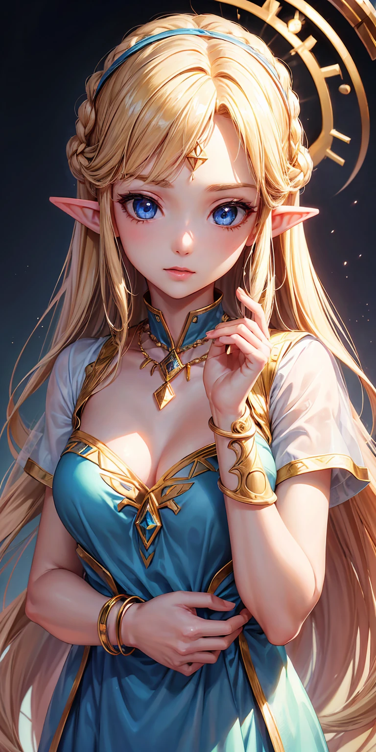 4k, best quality, Comic Babes, a cartoon of a woman with very large breasts, elf girl, portrait of princess Zelda, portrait of Zelda, elf princess, highly detailed exquisite fanart, anime goddess, extremely detailed artgerm, haired princess blondes, princess zelda, an elf queen, portrait of an elf queen, elf queen, detailed anime digital art, clean and detailed anime art, anime digital illustration