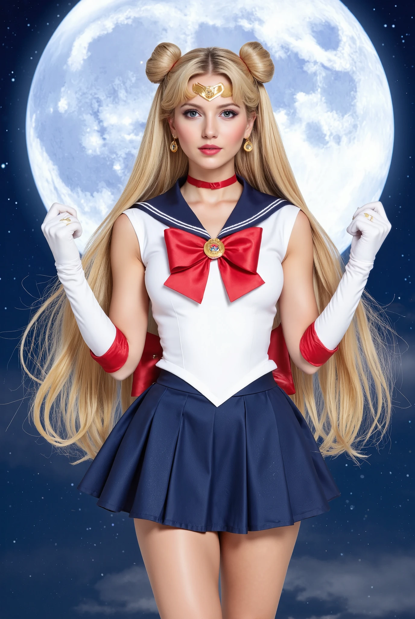 Create an image of a beautiful 20-year-old girl with fair skin and very long straight blonde hair styled in twin tails with double bun. She is wearing a Sailor Moon costume and striking a pose. The background features a large, full moon that fills the entire screen.