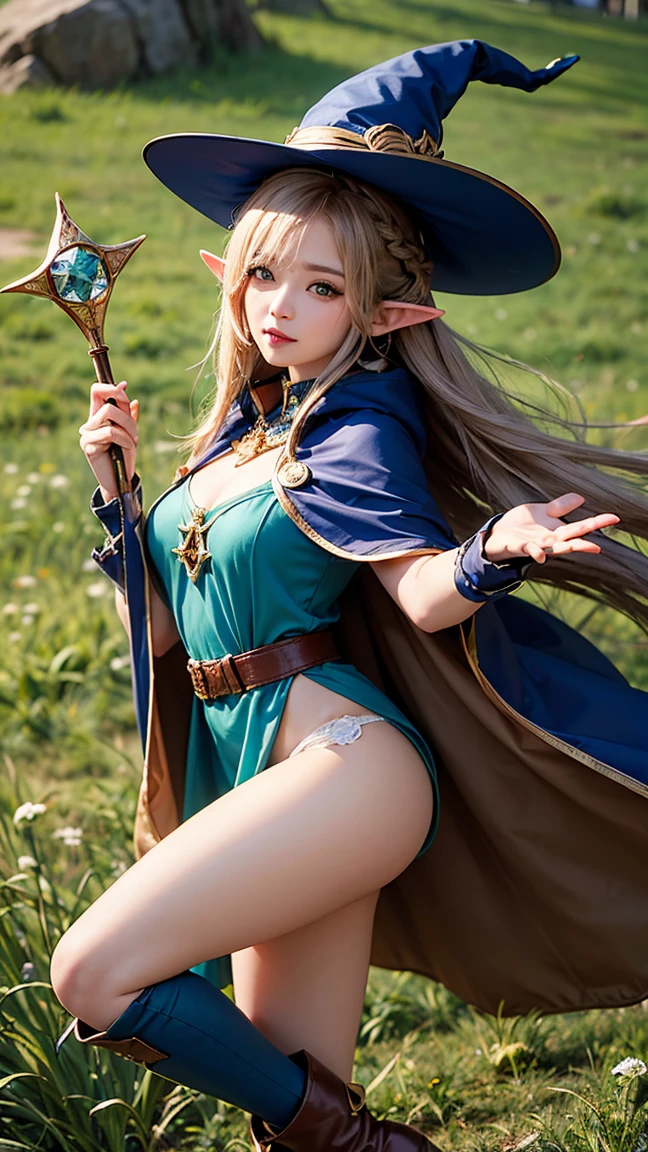 uma linda mulher em estilo rasgado, full body standing photography, witch hat, Seios enormes, botas de cano alto, luvas na altura do cotovelo, sexy bikini