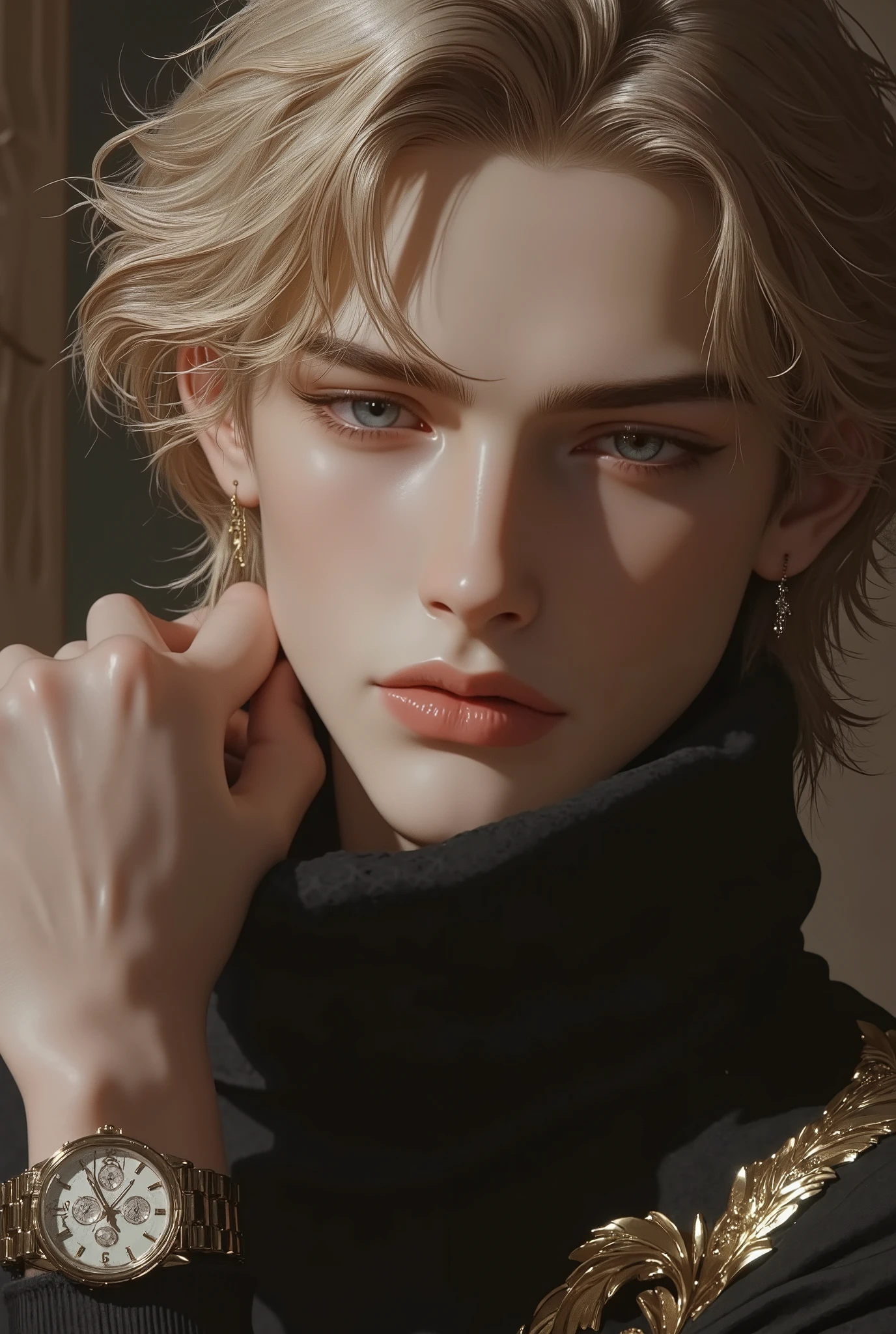 boy, long blonde hair , dark blue eyes , sharp features, white skin, Shiny pink lips, handsome , Perfect , elegant, black sweater, wristwatch ,Pants, high definition, The colors are bright with .