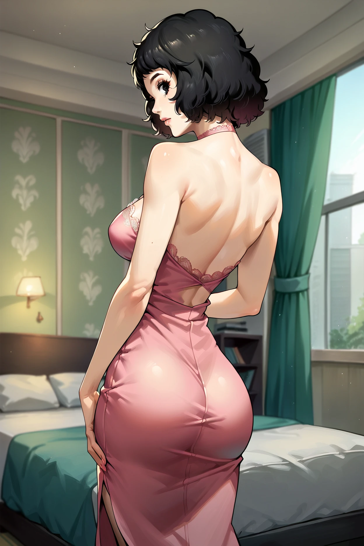 30 year old woman, seducing smile, short black hair, star shaped earrings, greeneyes, wearing transparent pink lingerie, big-ass, focus on the ass, Suada