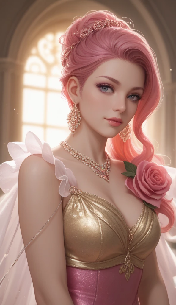 Very beautiful Disney princess, Delicate skin, Big blue eyes, Delicate makeup, Barbie Girl, Shorter neck,Neck accessories.3D, Glossy, Golden curls, Diamond headbands, Pink sequined gauze dress, Noble and elegant, Clear facial details, in pastel shades, glitters, Dazzling edge lights, Contour light, animated illustration, Disney style, Pixar style, OC Render