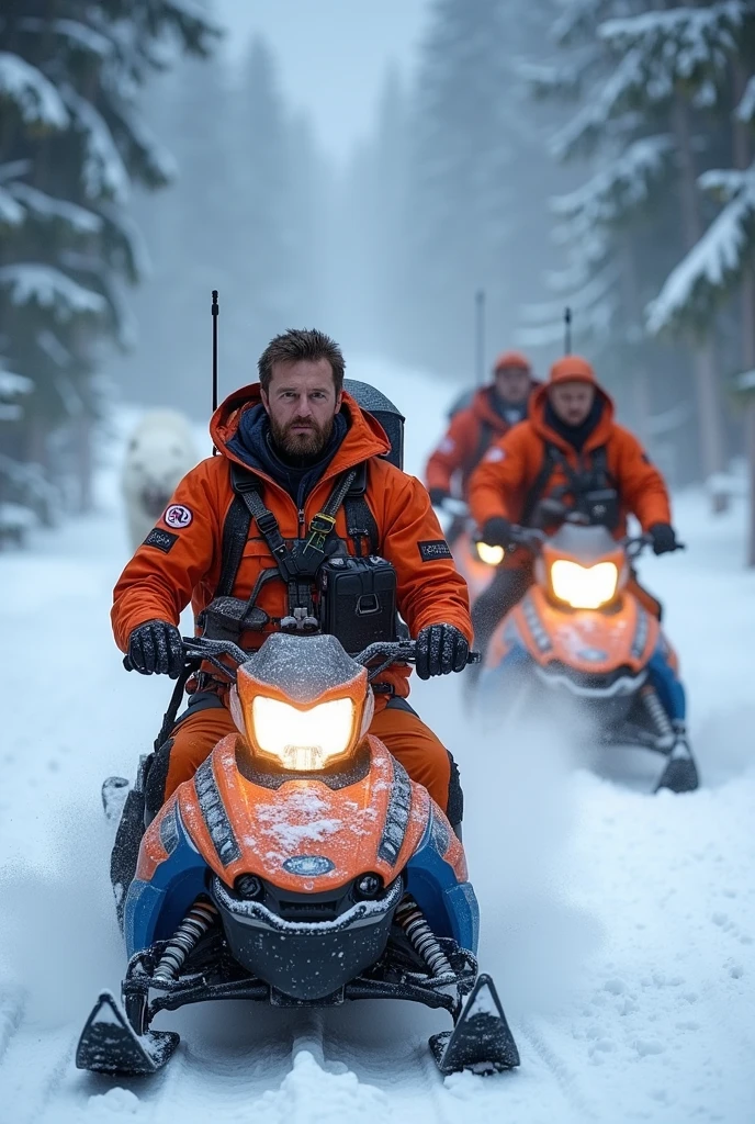 A team of four skilled wildlife rescuers, clad in thick orange and blue ...