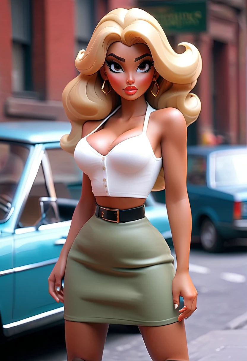 1girl, solo, lips, curvy, thick thighs, beautiful, makeup, mascara, midriff, crop top, jeans, earrings, high heels, green eyes, blonde hair, standing, bratz, <lora:bratz3:0.7>