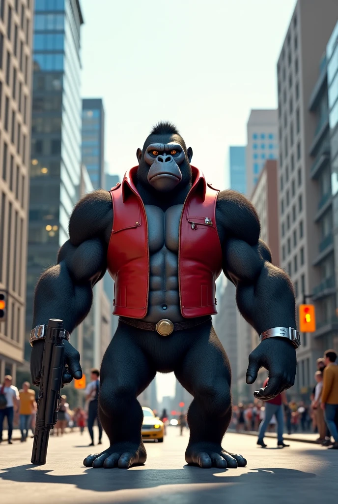A cool gorilla staring seriously through sunglasses: "Illustrate a realistic image of a gorilla in dark, wraparound sunglasses, staring intensely at the camera with a serious, no-nonsense expression. The gorilla is dressed in a fitted black T-shirt and leather jacket, its posture straight and commanding. The background is a sleek, modern office building at night, with city lights glowing in the background, adding to the gorilla's powerful and mysterious aura."