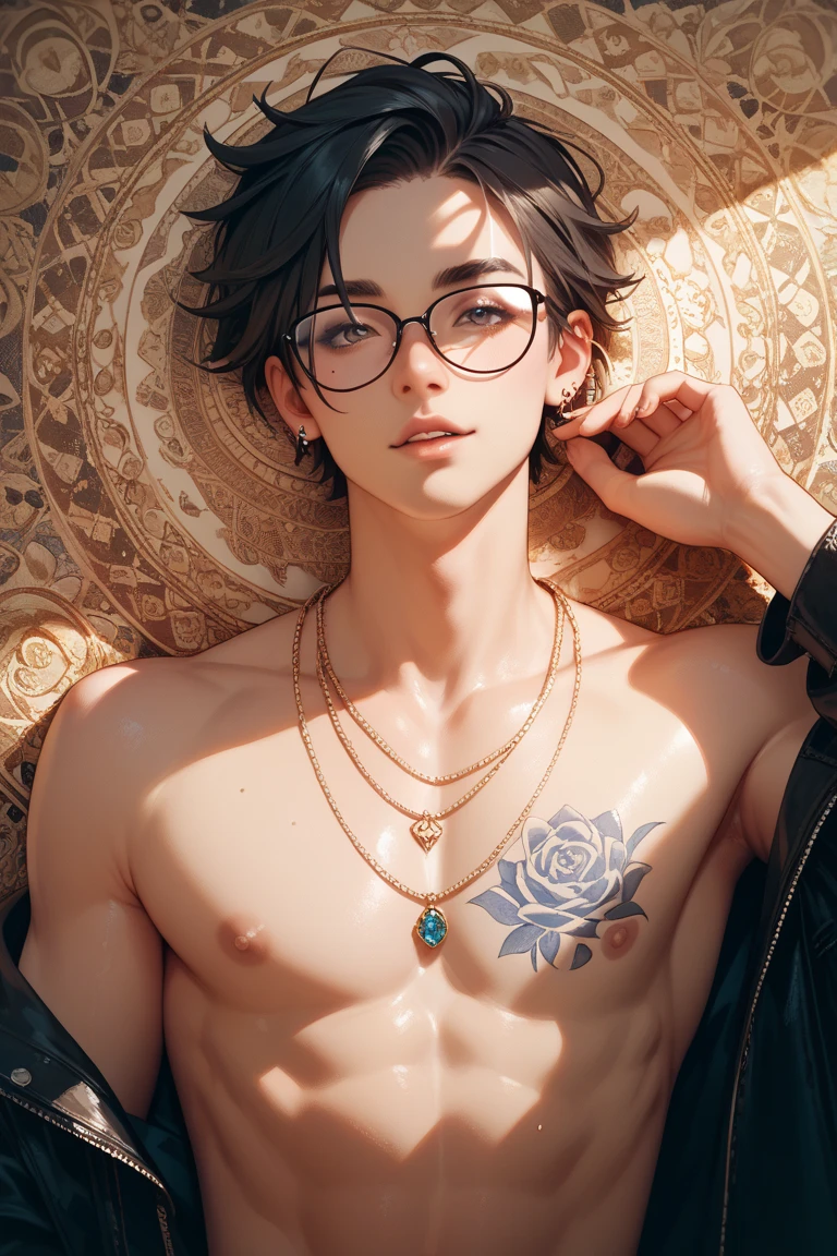 guy with glasses and no shirt sitting in a chair, ((wearing aristocrat robe)), realistic golden eyes, mole under the right eye, grey hair, realistic firm chest and six pack abs, smiling with slight blush, looking at the papers, slim manly hand and fingers, delicate androgynous prince, handsome man, no facial or body hair 